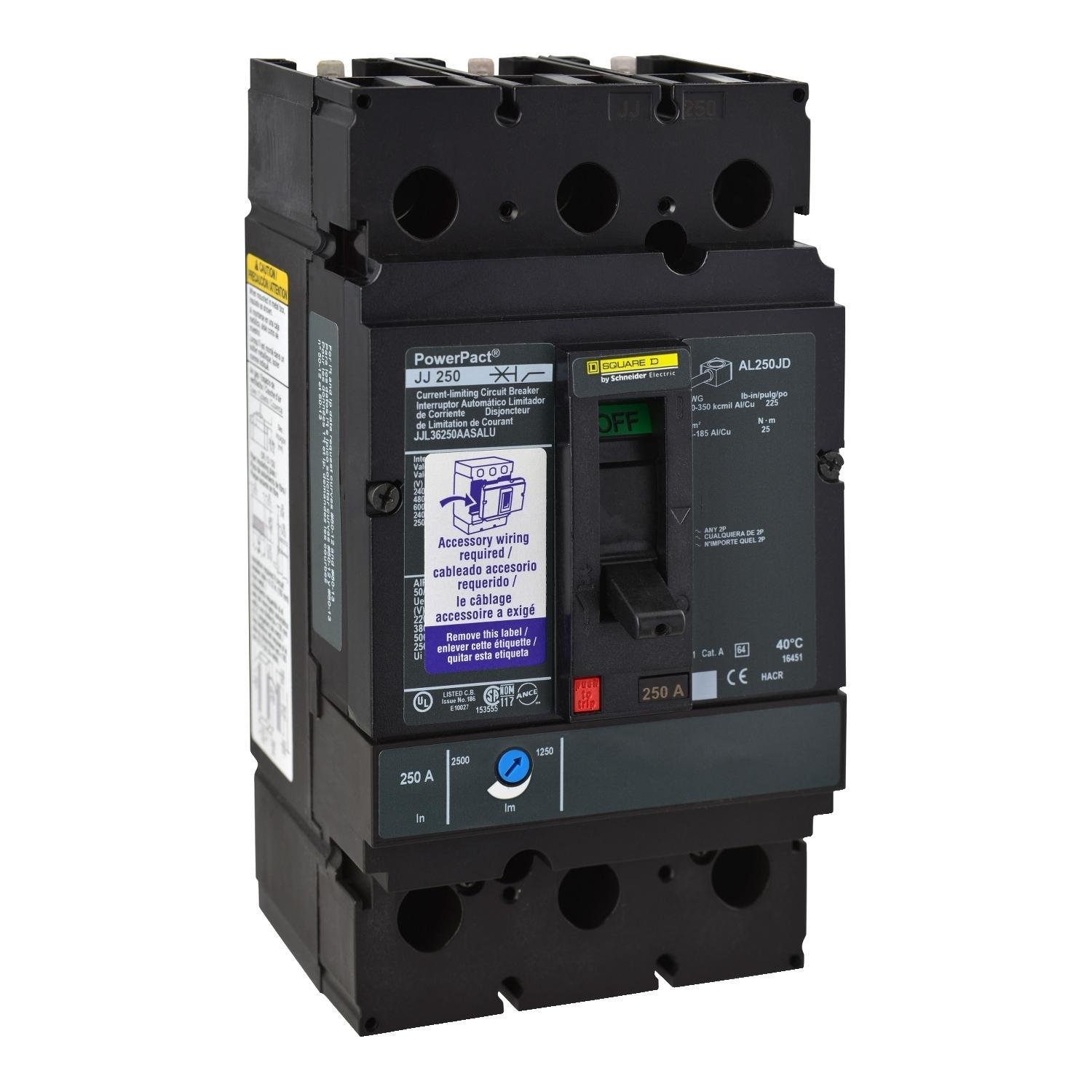 JGL36250U33X - Circuit breaker, PowerPacT J, 250A, 3 pole, 600VAC, 18kA, lugs, Micrologic 3.2S, 80%