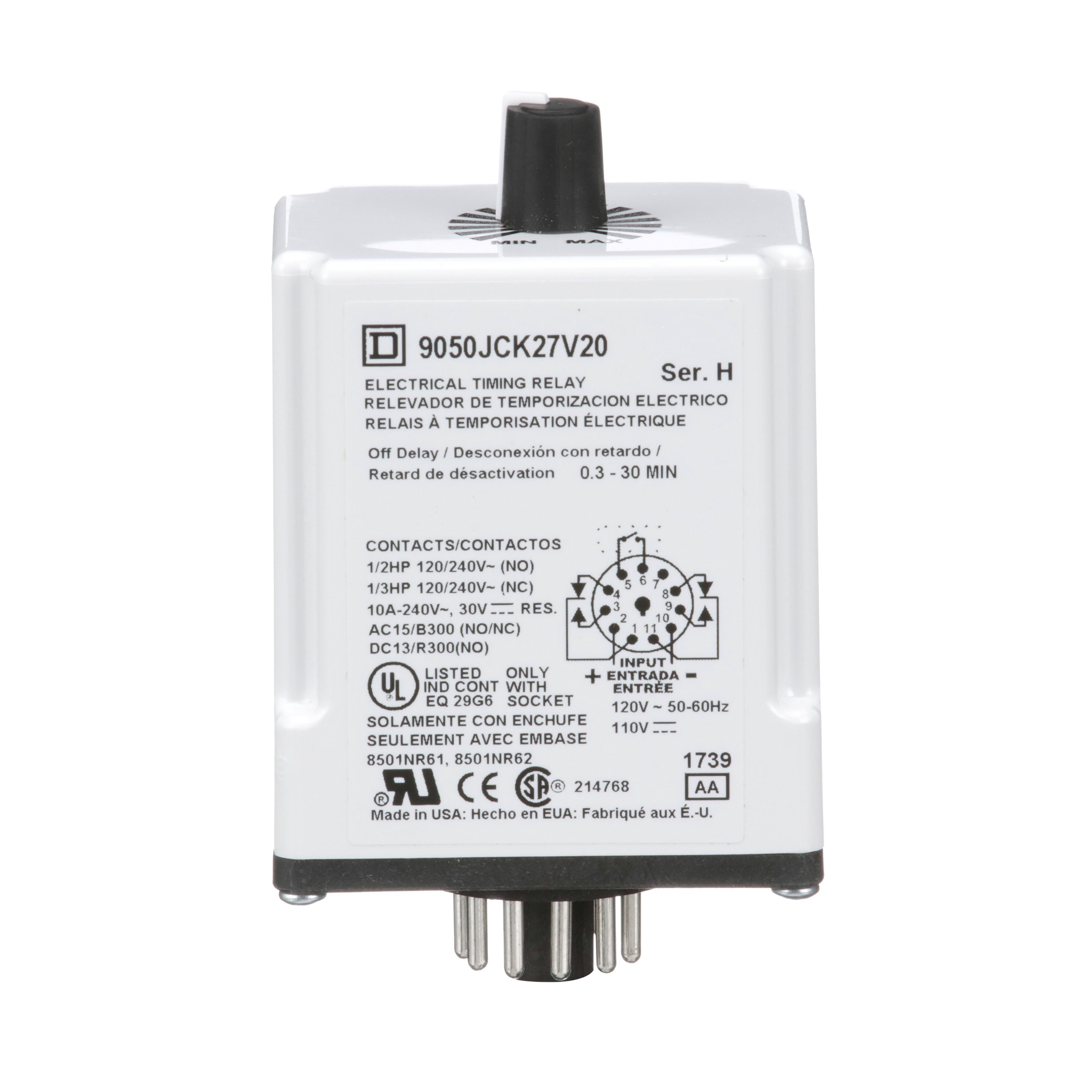 Picture of 9050JCK27V20 - Timer, Harmony 9050 JCK, off delay, adjustable time, 0.3 to 30 minutes, 10A, 240V AC, 120V AC/110V DC