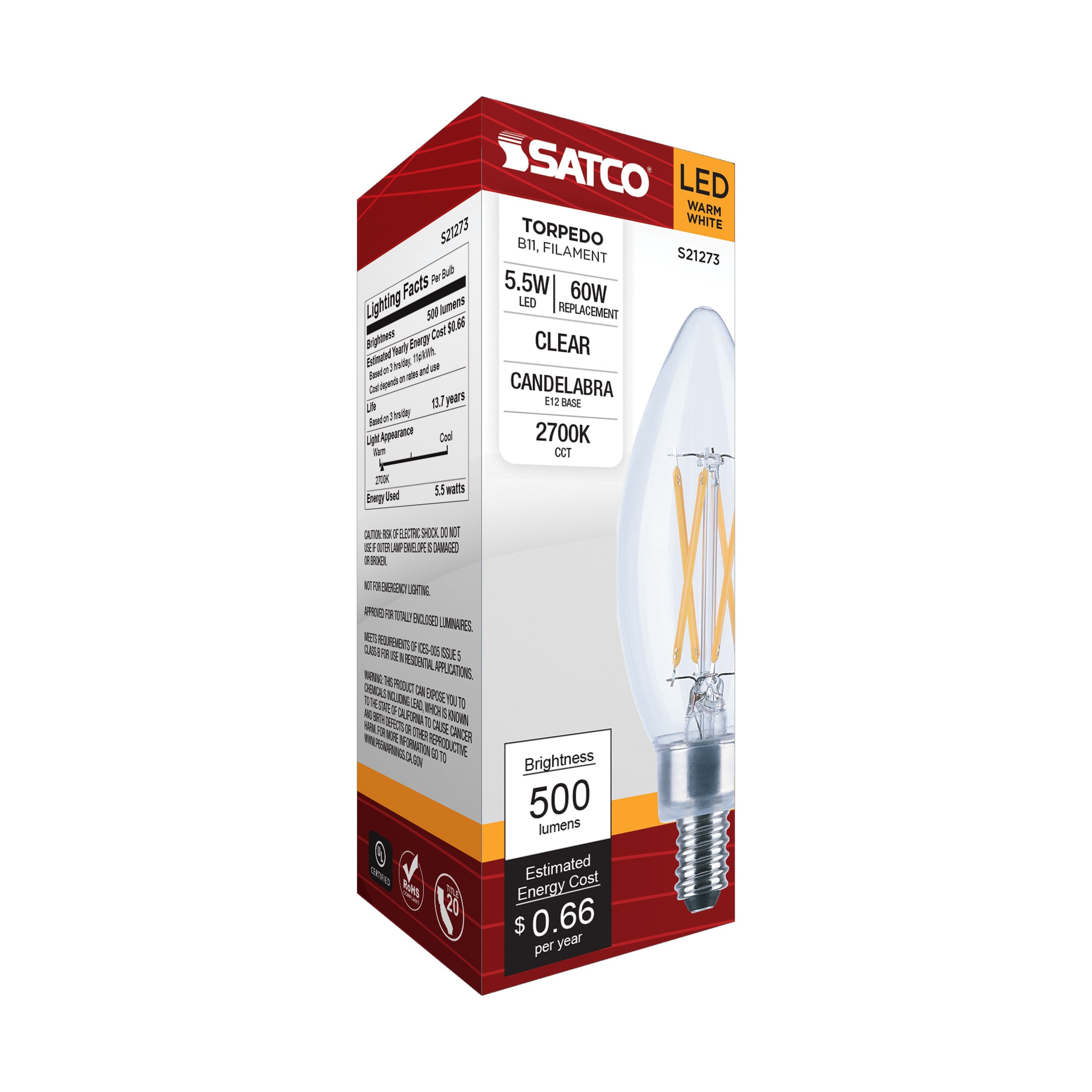 Picture of S21273 - 5.5 Watt B11 LED - Clear - Candelabra base - 90 CRI - 2700K - 120 Volt