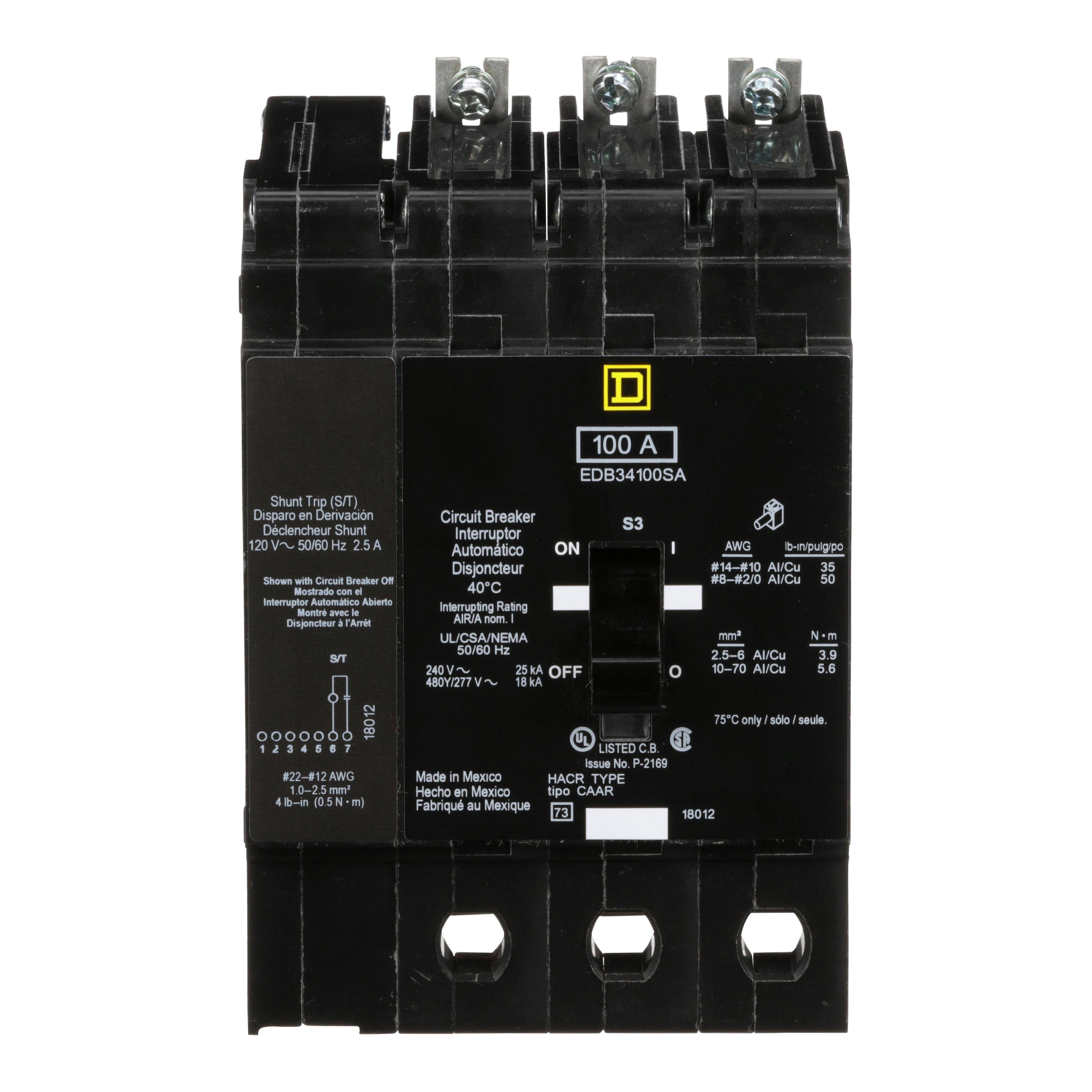 EDB34100SA - Mini circuit breaker, E-Frame, 100A, 3 pole, 480Y/277VAC, 25kA max, bolt on, shunt trip [TAA]
