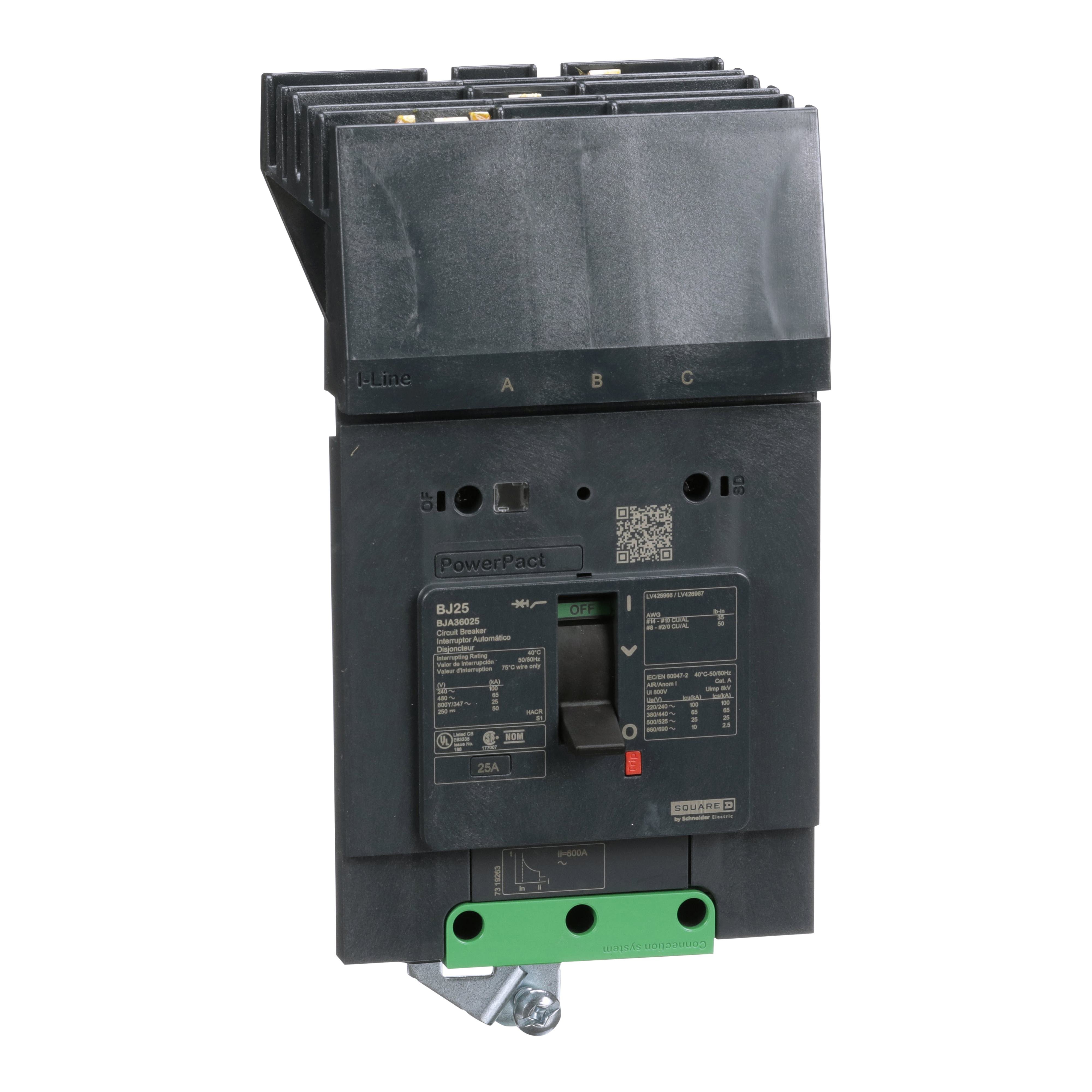 BJA36025 - Circuit breaker, PowerPacT B, 25A, 3 pole, 600Y/347VAC, 25kA, I-Line, thermal magnetic, 80%, ABC