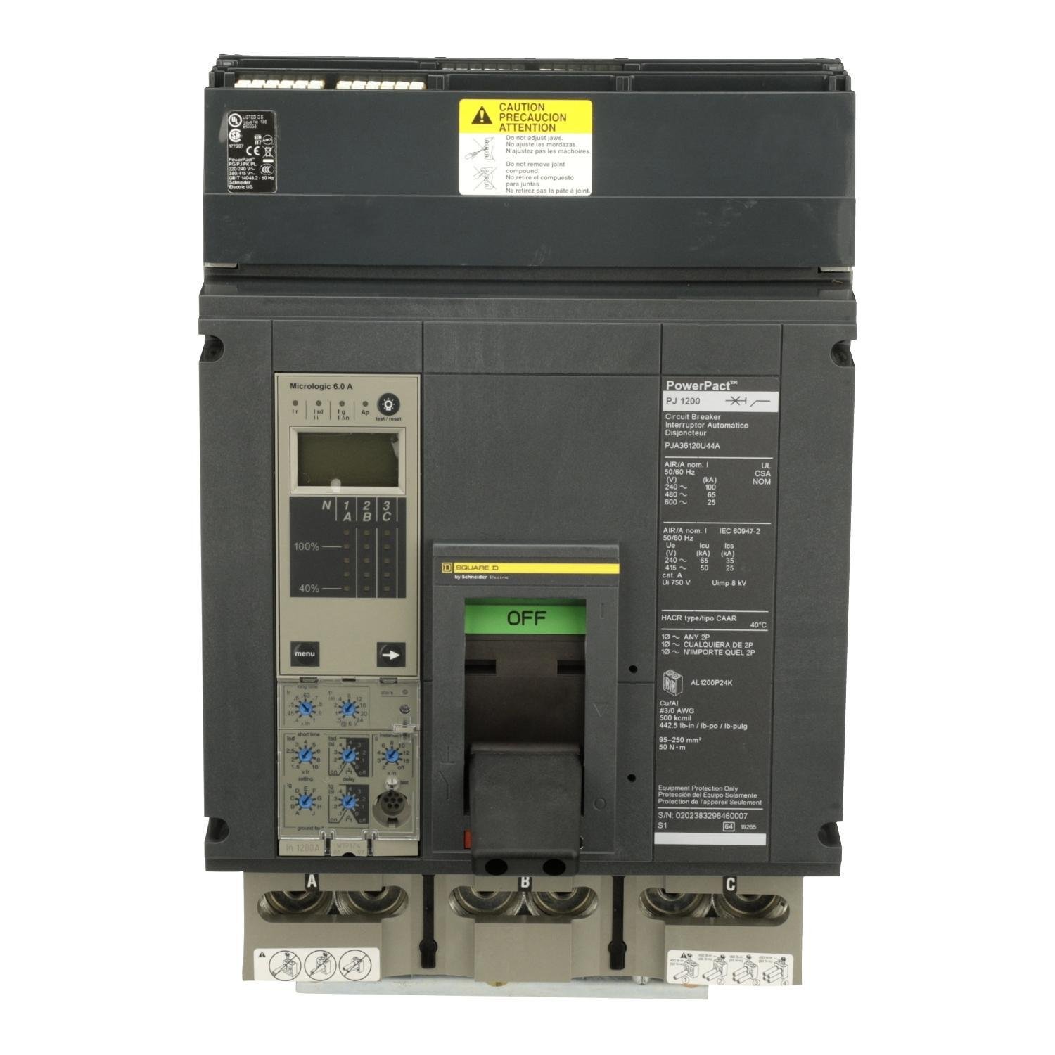 PJA36120U44A - Circuit breaker, PowerPacT P, 1200A, 3 pole, 600VAC, 25kA, I-Line, Micrologic 6.0A, 80%, ABC