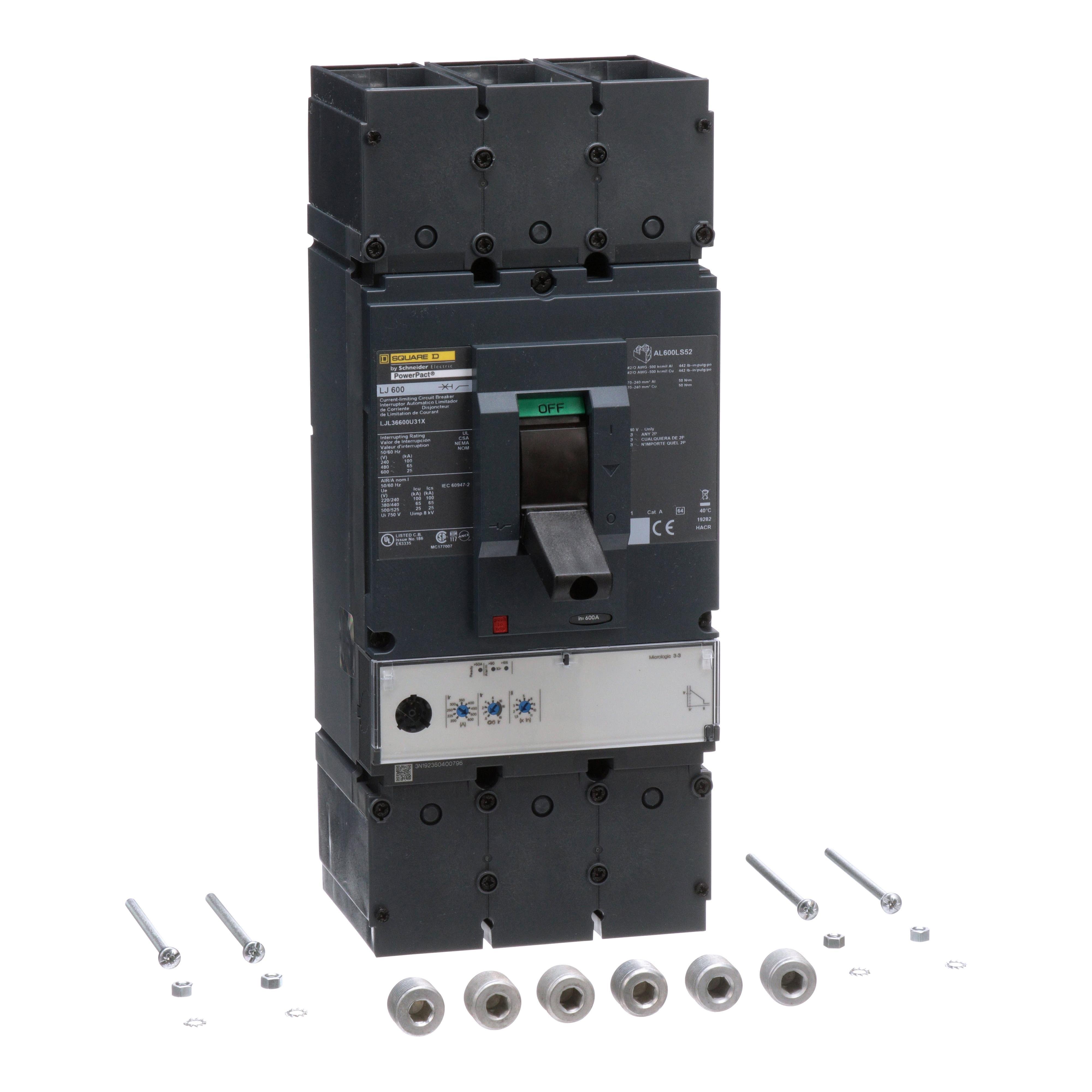 LJL36600U31X - Circuit breaker, PowerPacT L, 600A, 3 pole, 600VAC, 25kA, lugs, MicroLogic 3.3, 80%