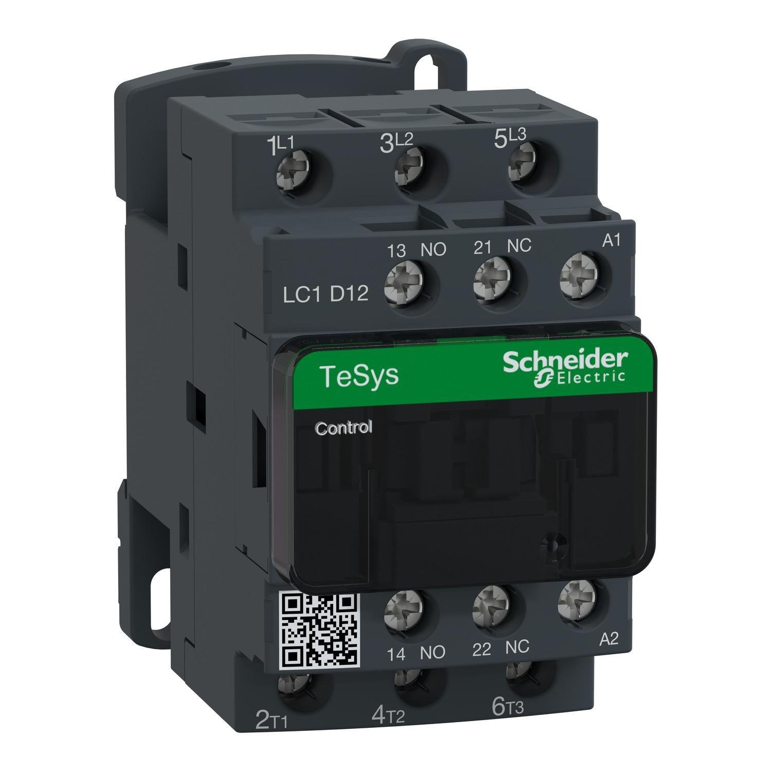 Picture of LC1D12T7 - IEC contactor, TeSys Deca, nonreversing, 12A, 7.5HP at 480VAC, up to 100kA SCCR, 3 phase, 3 NO, 480VAC 50/60Hz coil, open