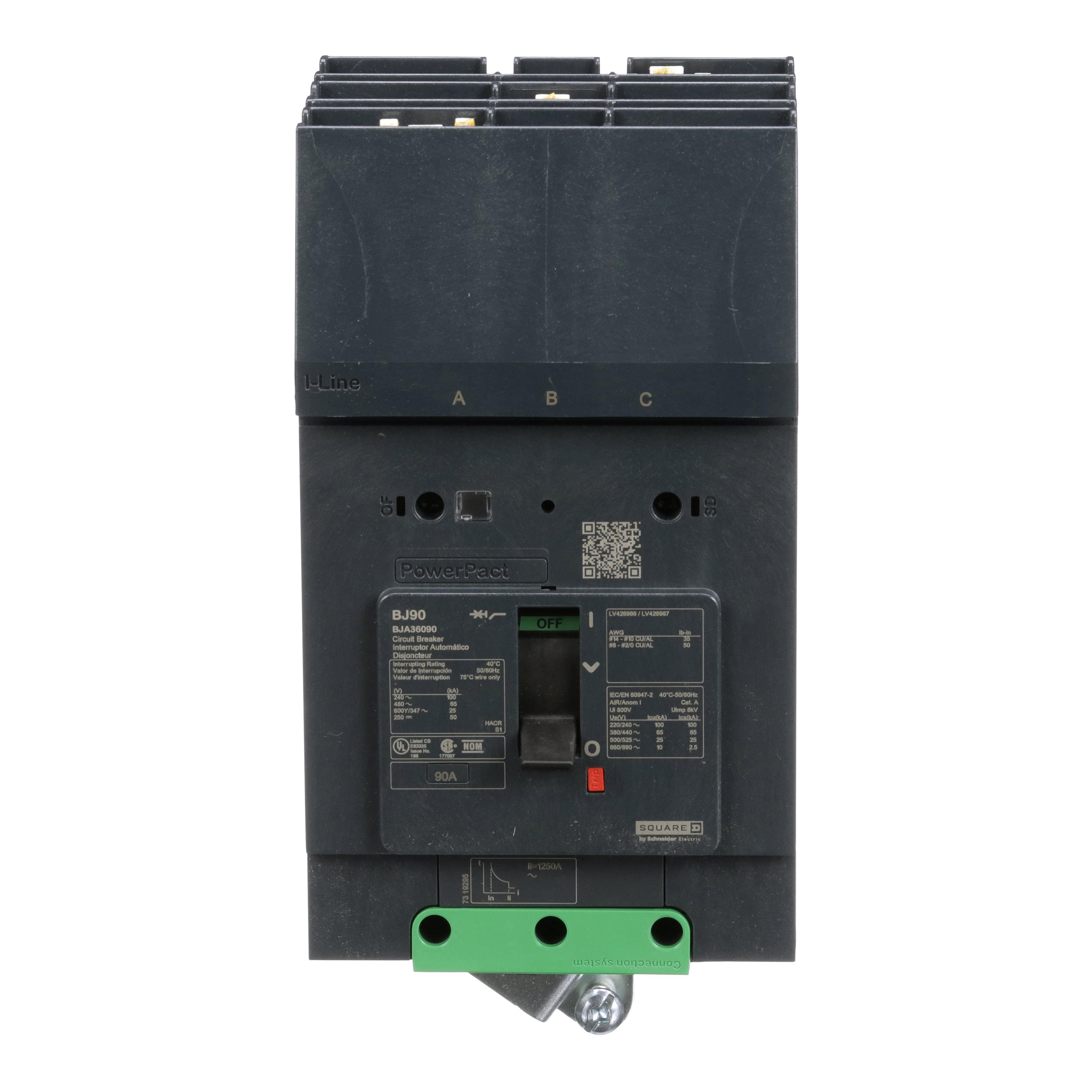 Picture of BJA36090 - Circuit breaker, PowerPacT B, 90A, 3 pole, 600Y/347VAC, 25kA, I-Line, thermal magnetic, 80%, ABC