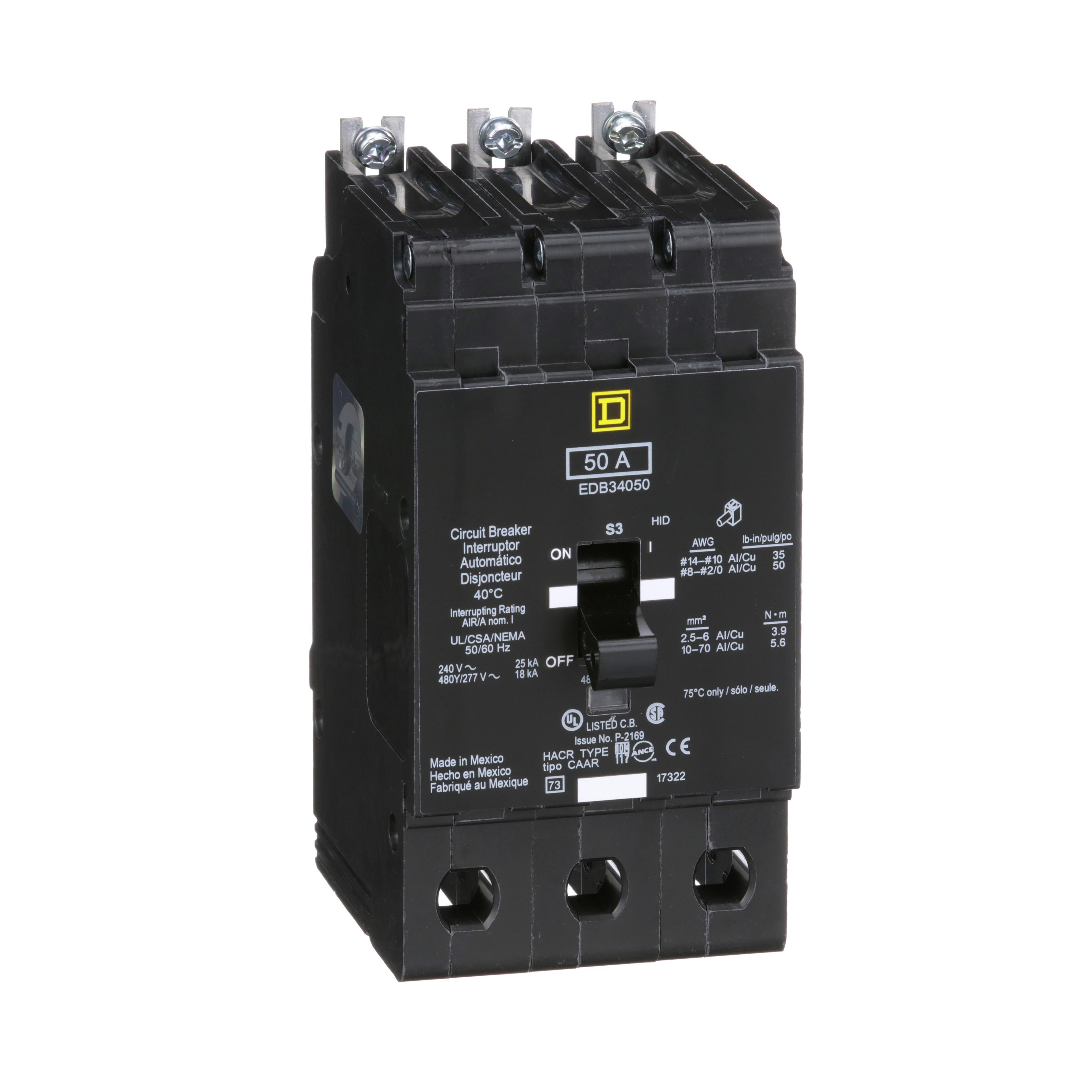 EDB34050 - [TAA] Mini circuit breaker, E-Frame, 50A, 3 pole, 480Y/277VAC, 25kA max, bolt on