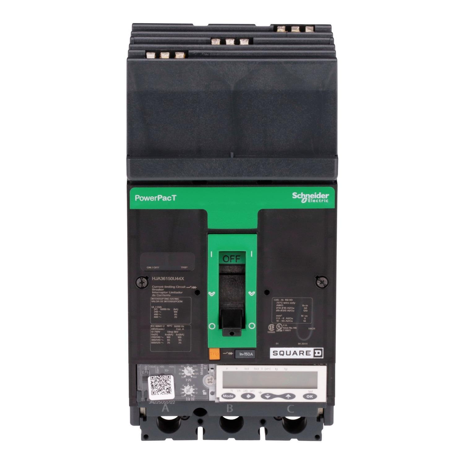 HJA36150U44X - Circuit breaker, PowerPacT H, 150A, 3 pole, 600VAC, 25kA, I-Line, Micrologic 6.2A, 80%, ABC