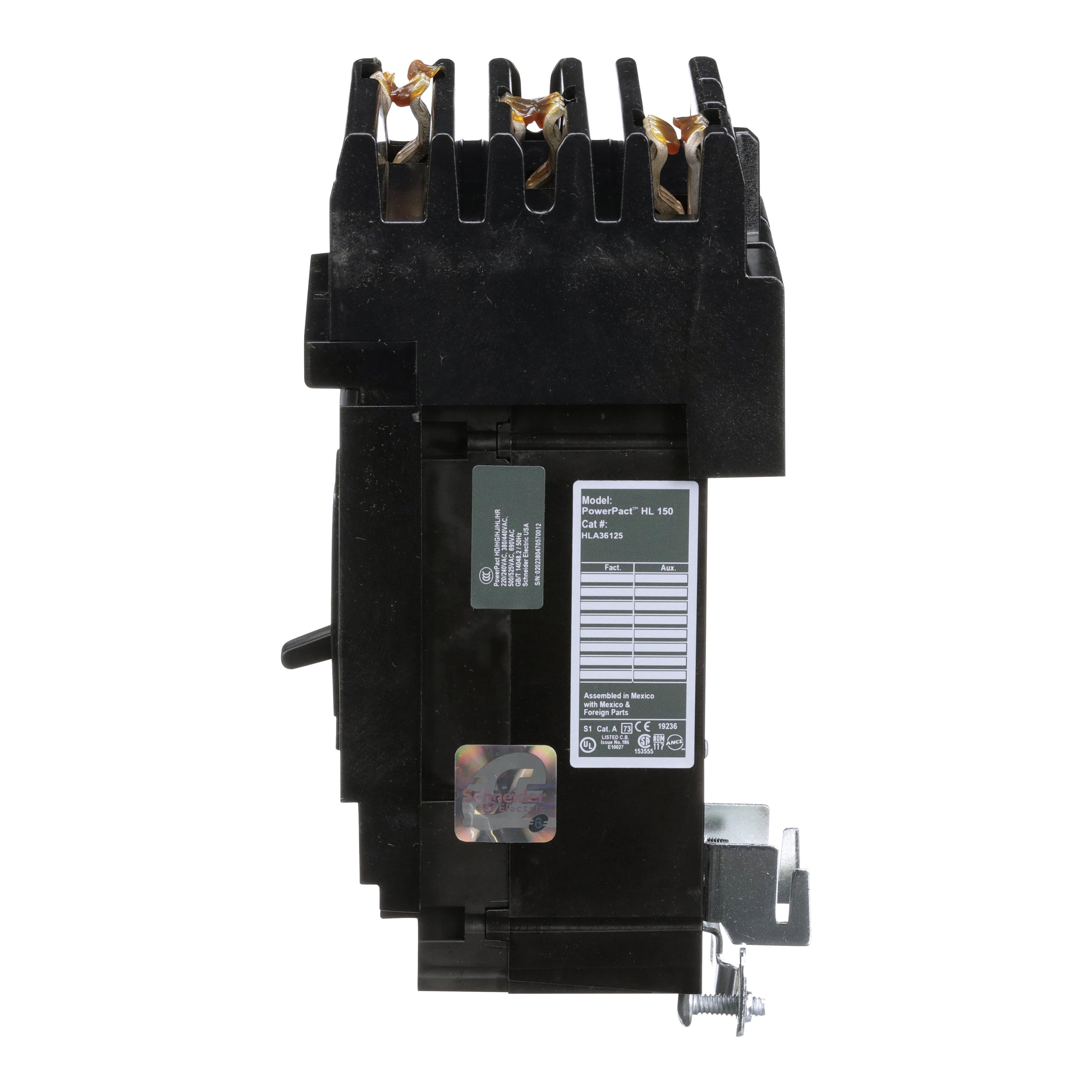 Picture of HLA36125 - Circuit breaker, PowerPacT H, 125A, 3 pole, 600VAC, 50kA, I-Line, thermal magnetic, 80%, ABC