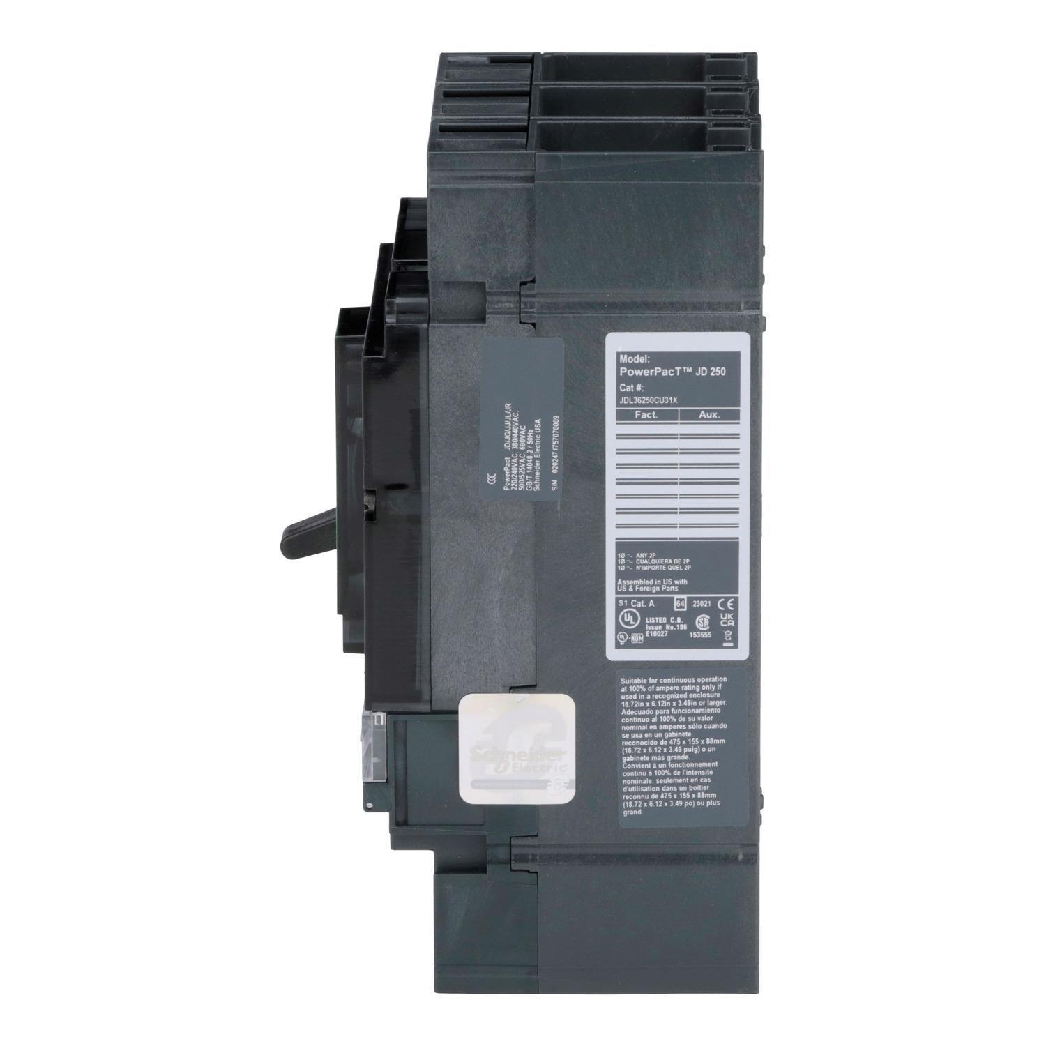 Picture of JDL36250CU31X - Circuit breaker, PowerPacT J, 250A, 3 pole, 600VAC, 14kA, lugs, Micrologic 3.2, 100%