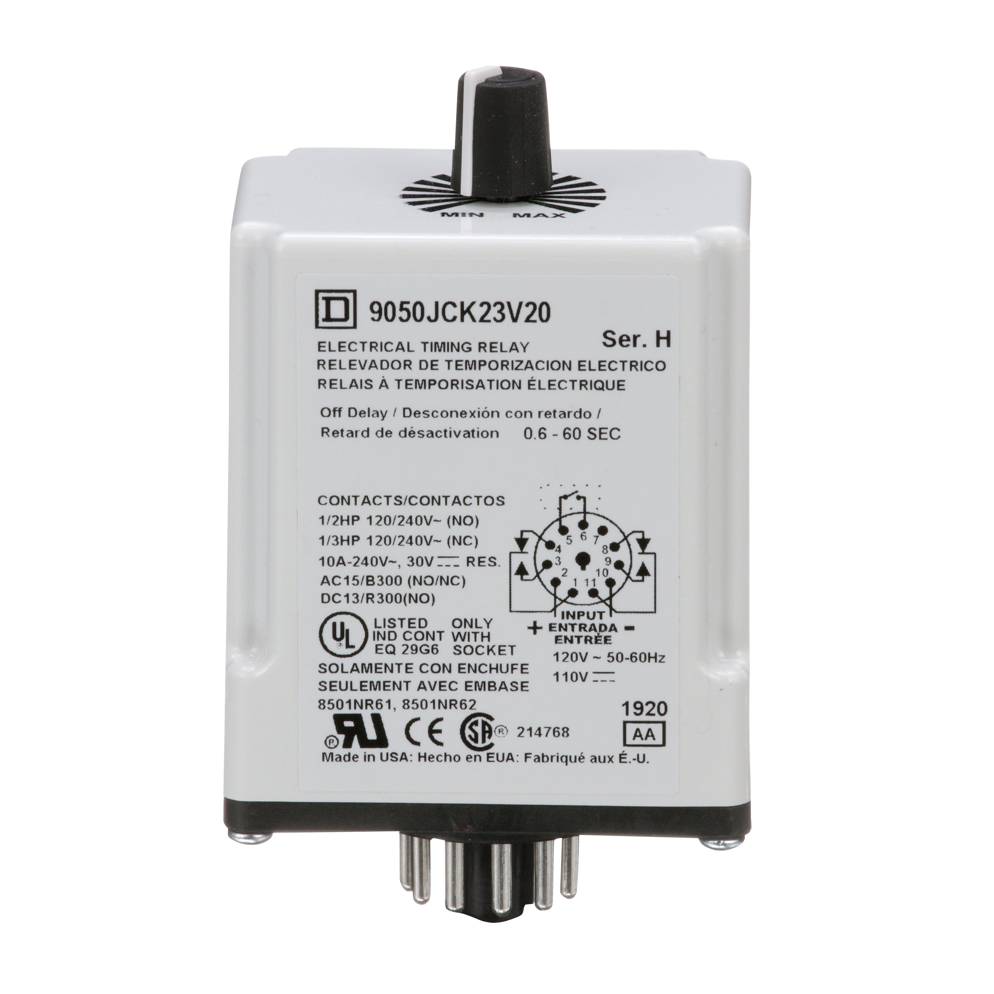 9050JCK23V20 - Timing Relay, Type JCK, plug In, off delay, adjustable time, 0.6 to 60 seconds, 10A, 240 VAC, 120 VAC/110 VDC