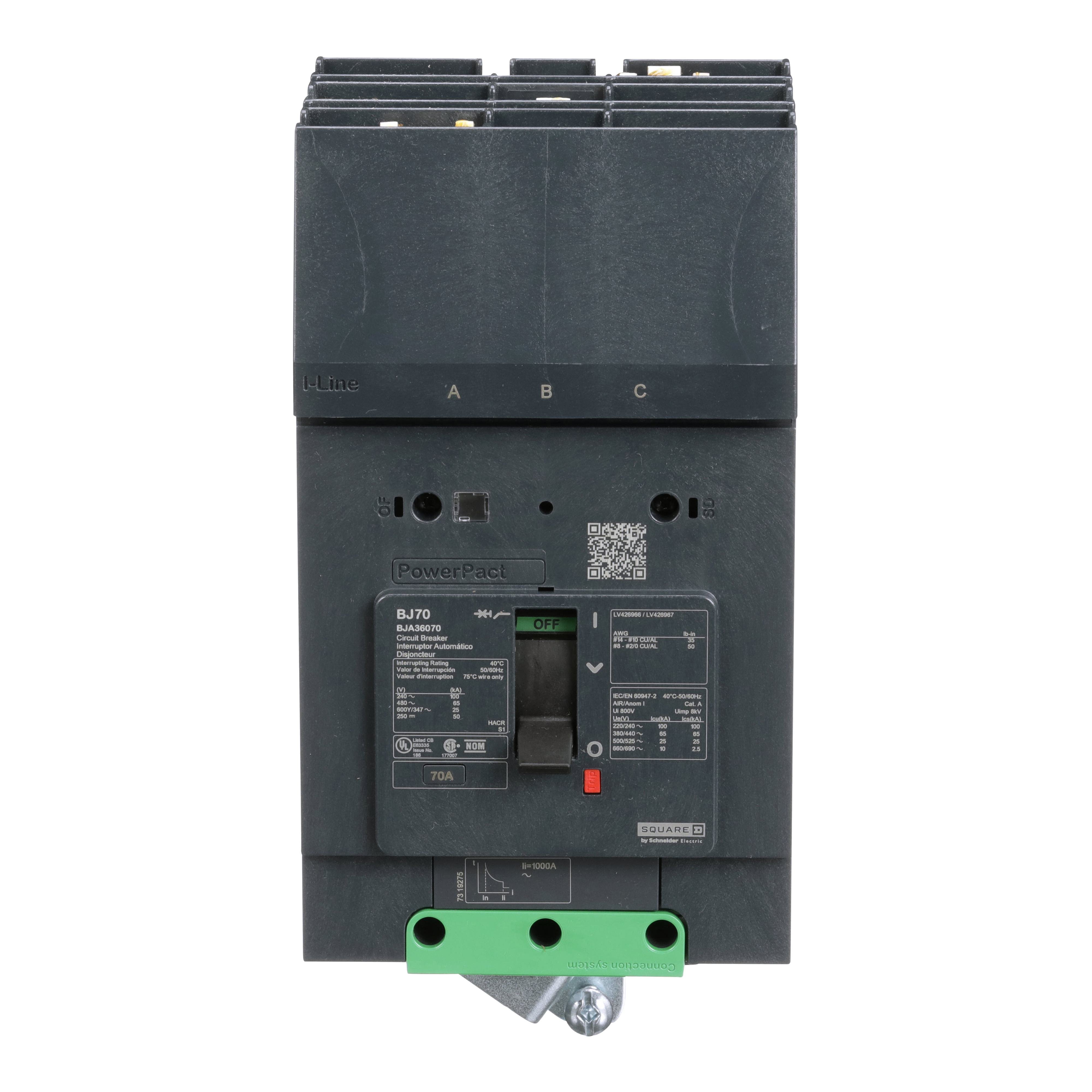 Picture of BJA36070 - Circuit breaker, PowerPacT B, 70A, 3 pole, 600Y/347VAC, 25kA, I-Line, thermal magnetic, 80%, ABC