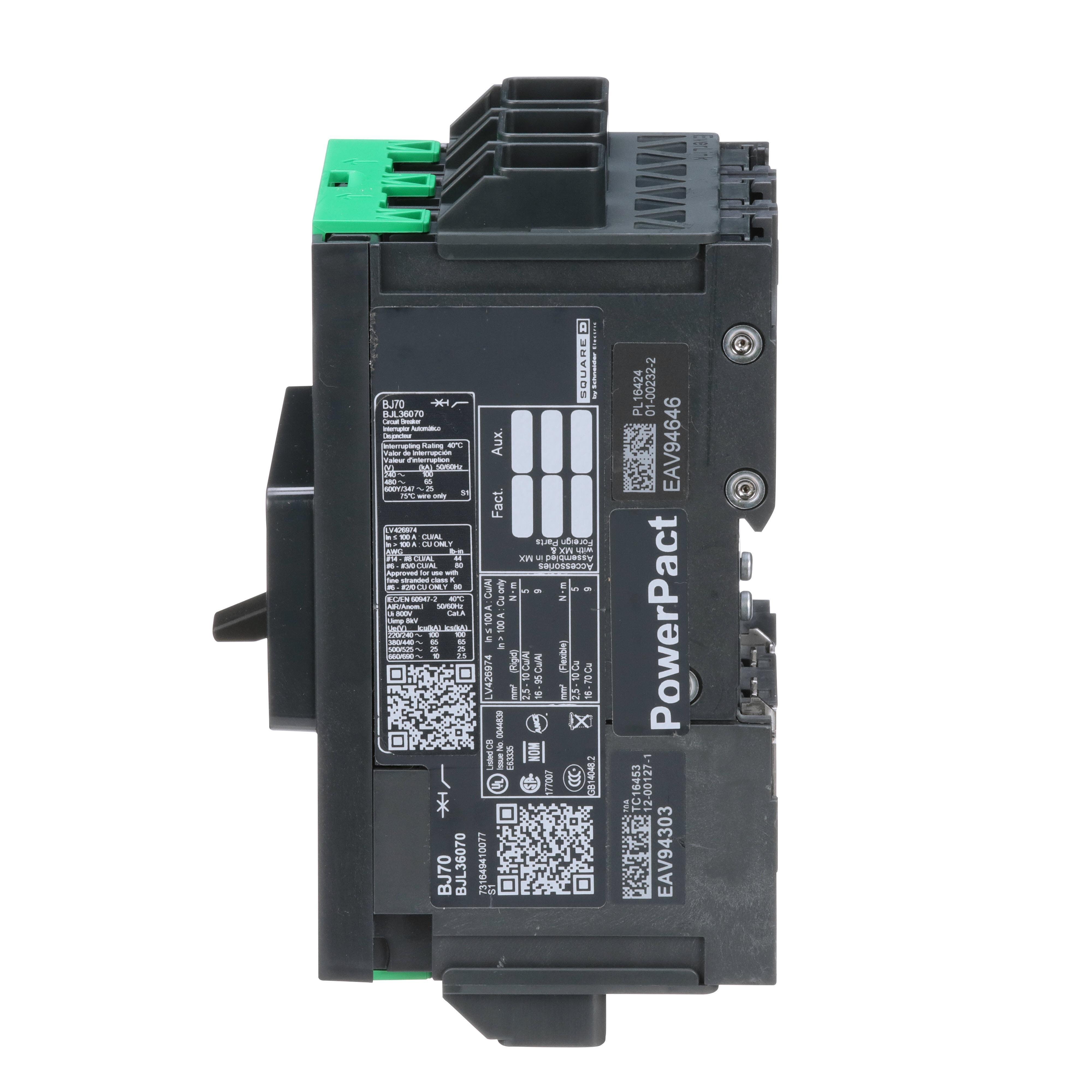 Picture of BJL36070 - Circuit breaker, PowerPacT B, 70A, 3 pole, 600Y/347VAC, 25kA, lugs, thermal magnetic, 80%