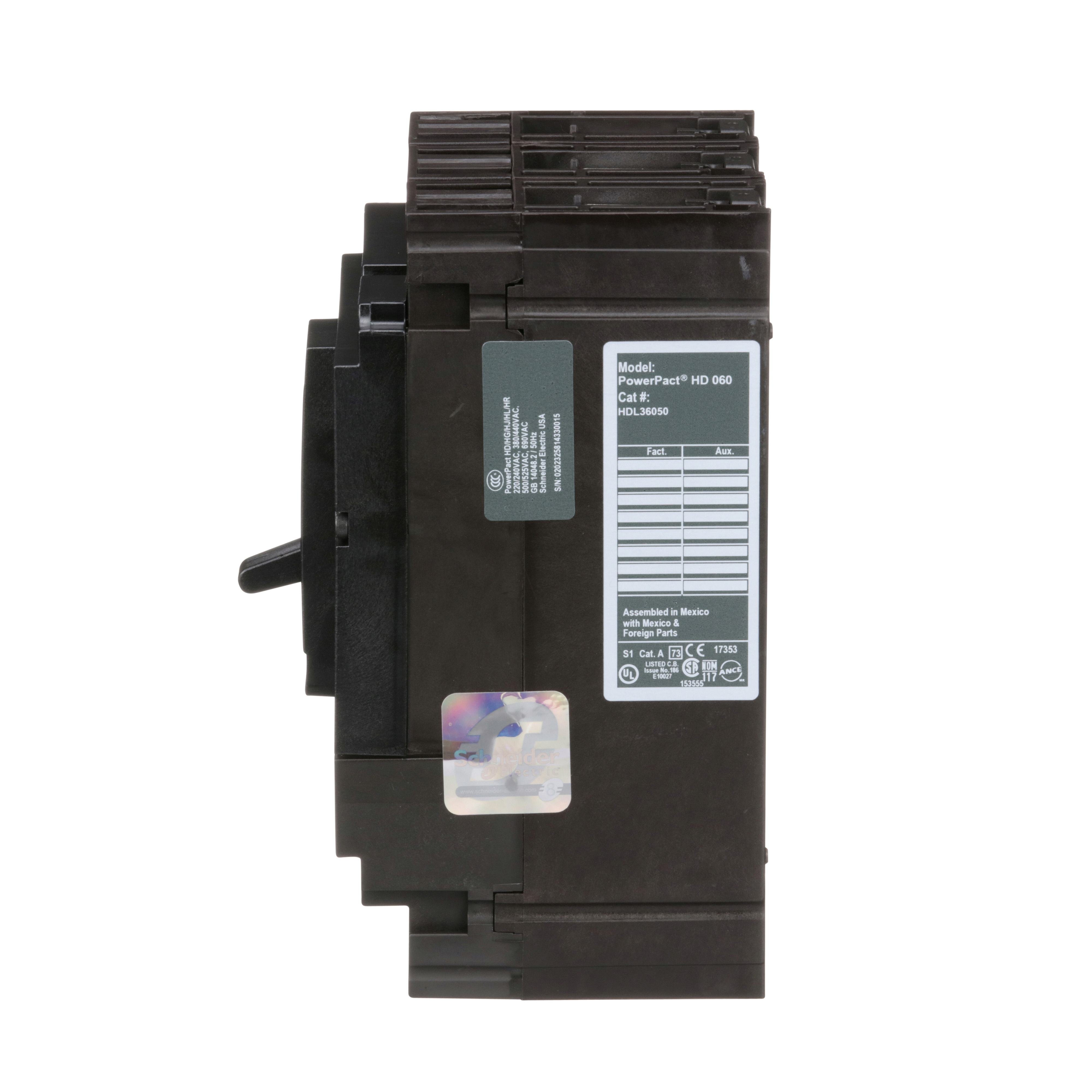 Picture of HDL36050 - Circuit breaker, PowerPacT H, 50A, 3 pole, 600VAC, 14kA, lugs, thermal magnetic, 80%