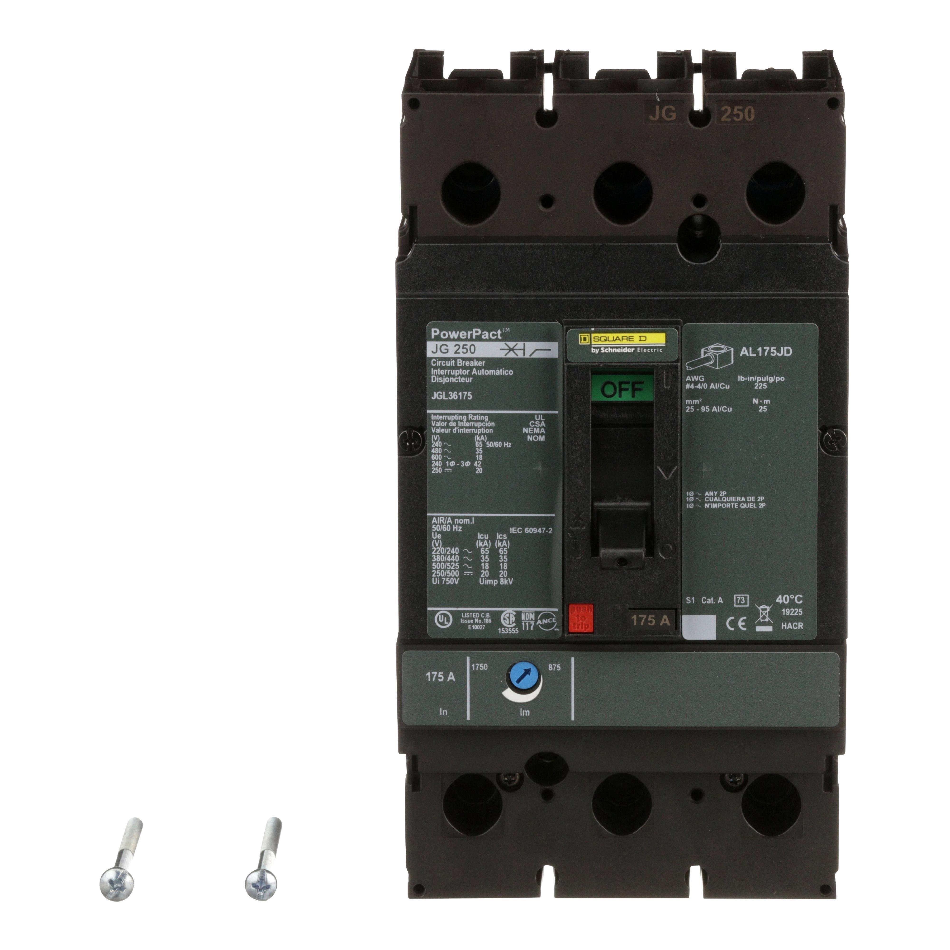 Picture of JGL36175 - Circuit breaker, PowerPacT J, 175A, 3 pole, 600VAC, 18kA, lugs, thermal magnetic, 80%