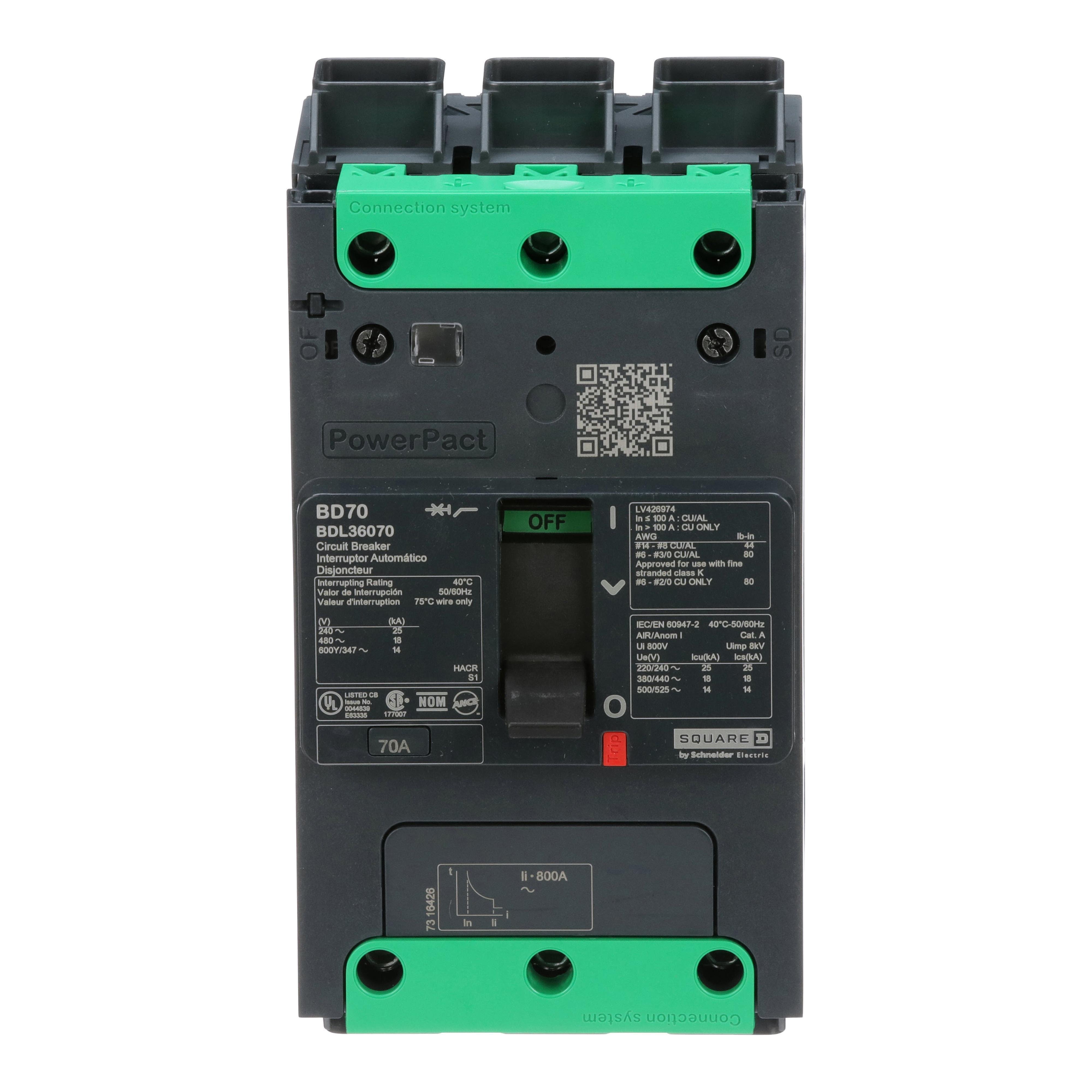 BDL36070 - Circuit breaker, PowerPacT B, 70A, 3 pole, 600Y/347VAC, 14kA, lugs, thermal magnetic, 80%