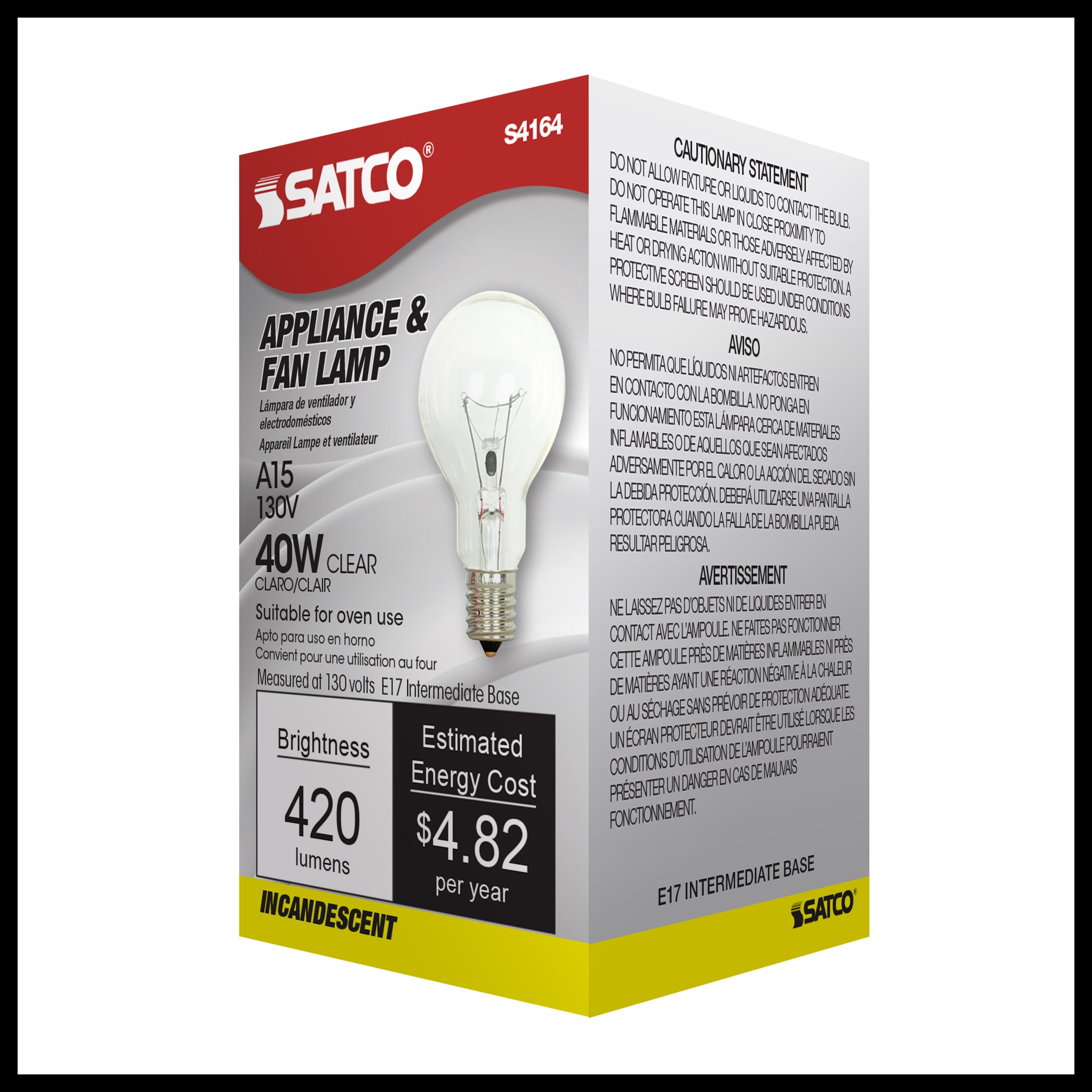 Picture of S4164 - 40 Watt A15 Incandescent - Clear - Appliance Lamp - 1000 Average rated hours - 420 Lumens - Intermediate base - 130 Volt