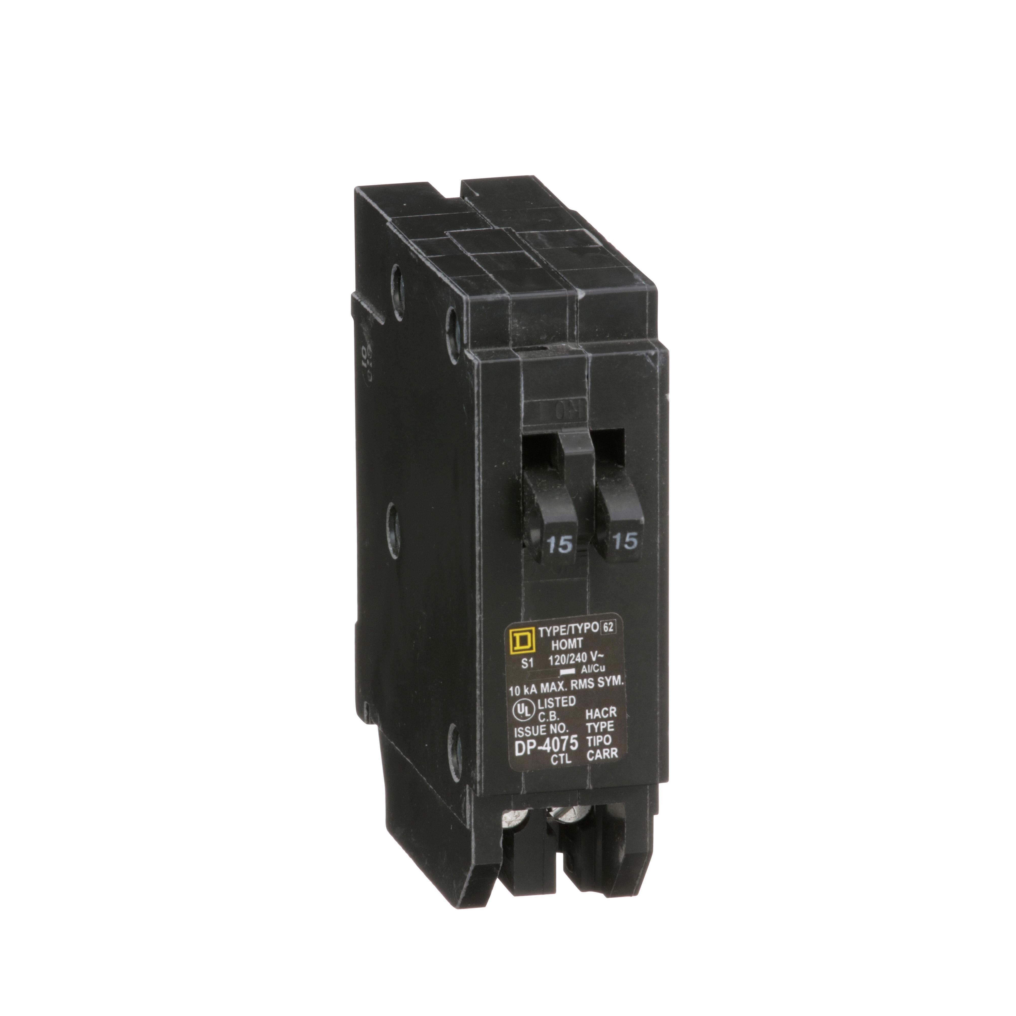 HOMT1515 - Tandem circuit breaker, Homeline, 2 x 1 pole at 15A, 120/240VAC, 10kA AIR, plug in, UL