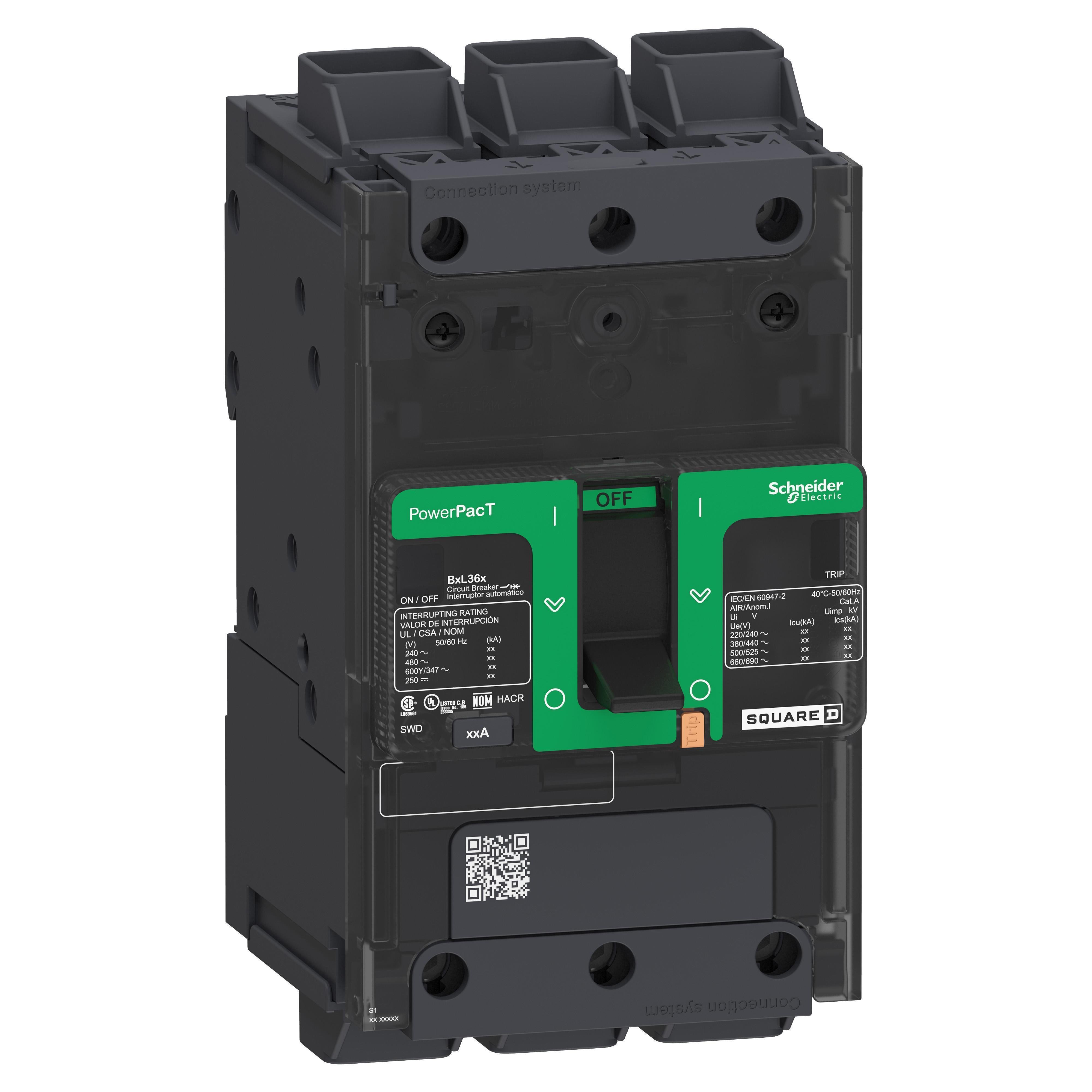 Picture of BJL36080 - Circuit breaker, PowerPacT B, 80A, 3 pole, 600Y/347VAC, 25kA, lugs, thermal magnetic, 80%