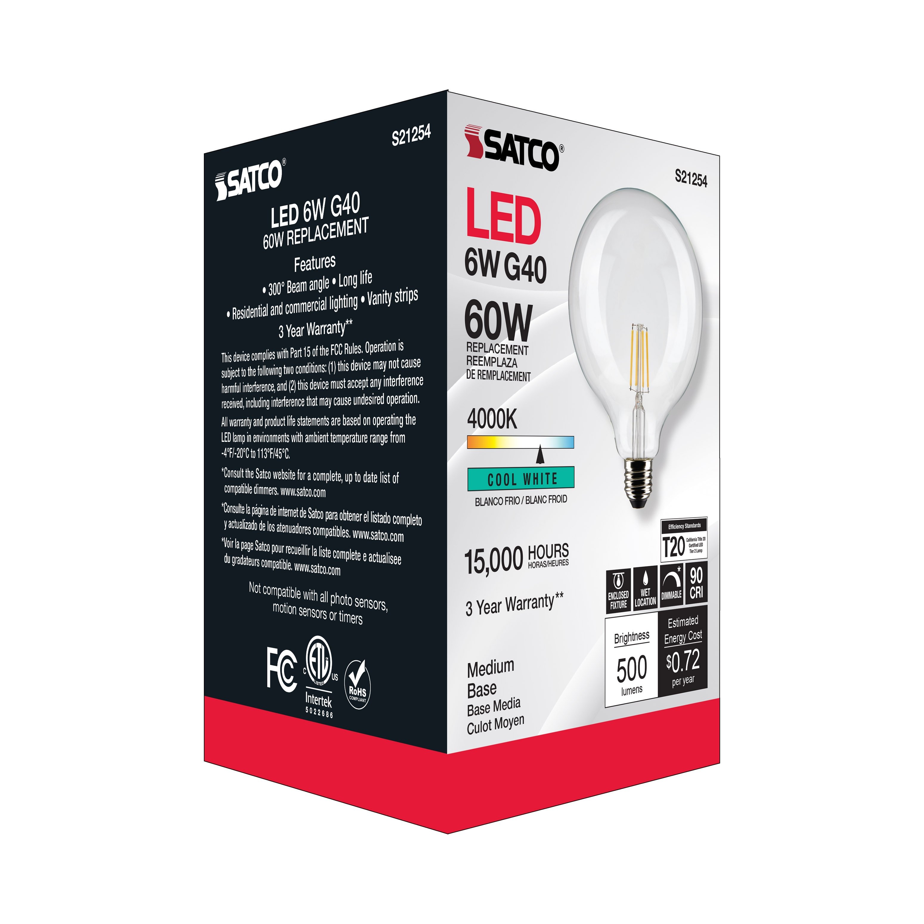Picture of S21254 - 6 Watt G40 LED - Clear - Medium base - 90 CRI - 4000K - 120 Volt