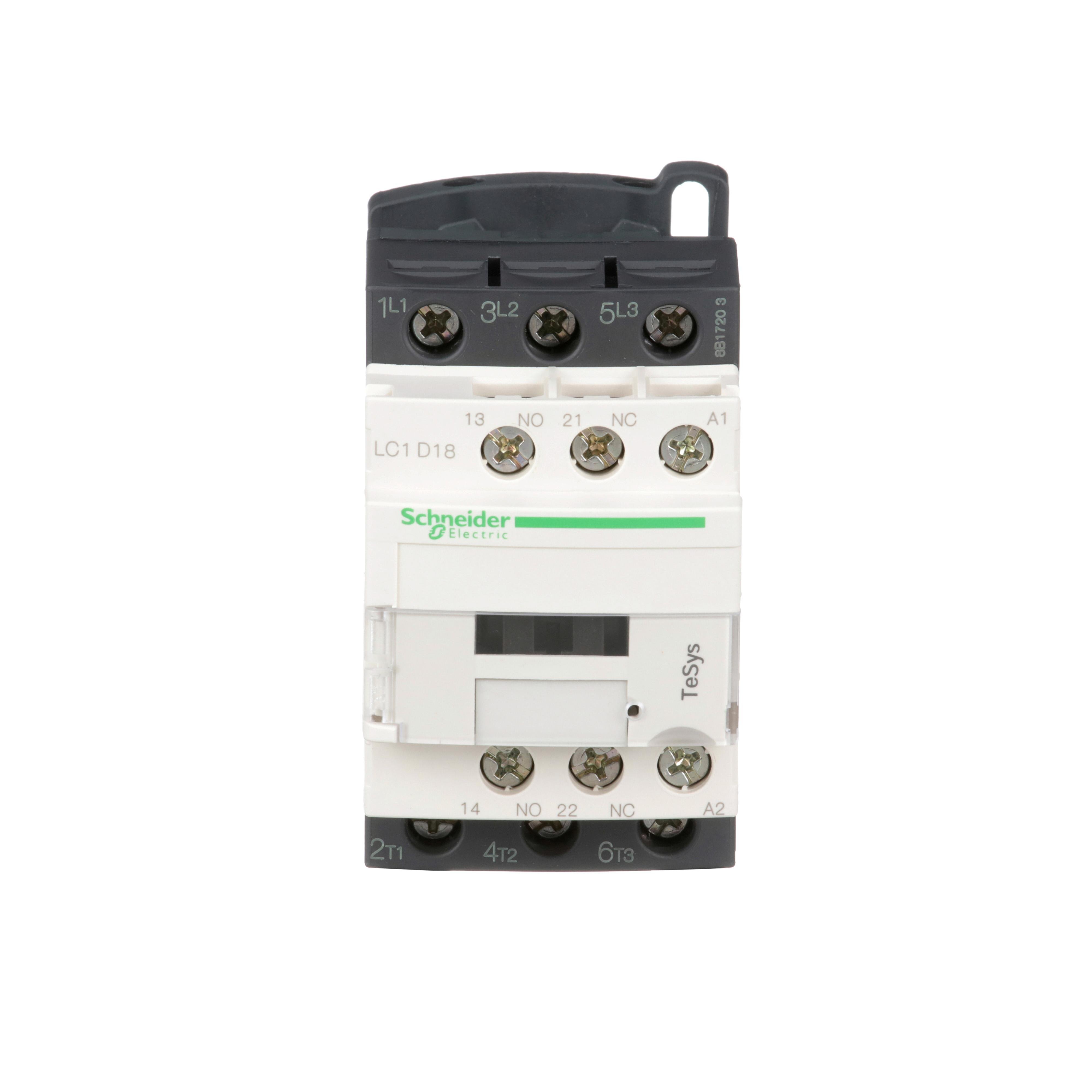 LC1D18U7 - IEC contactor, TeSys Deca, nonreversing, 18A, 10HP at 480VAC, up to 100kA SCCR, 3 phase, 3 NO, 240VAC 50/60Hz coil, open