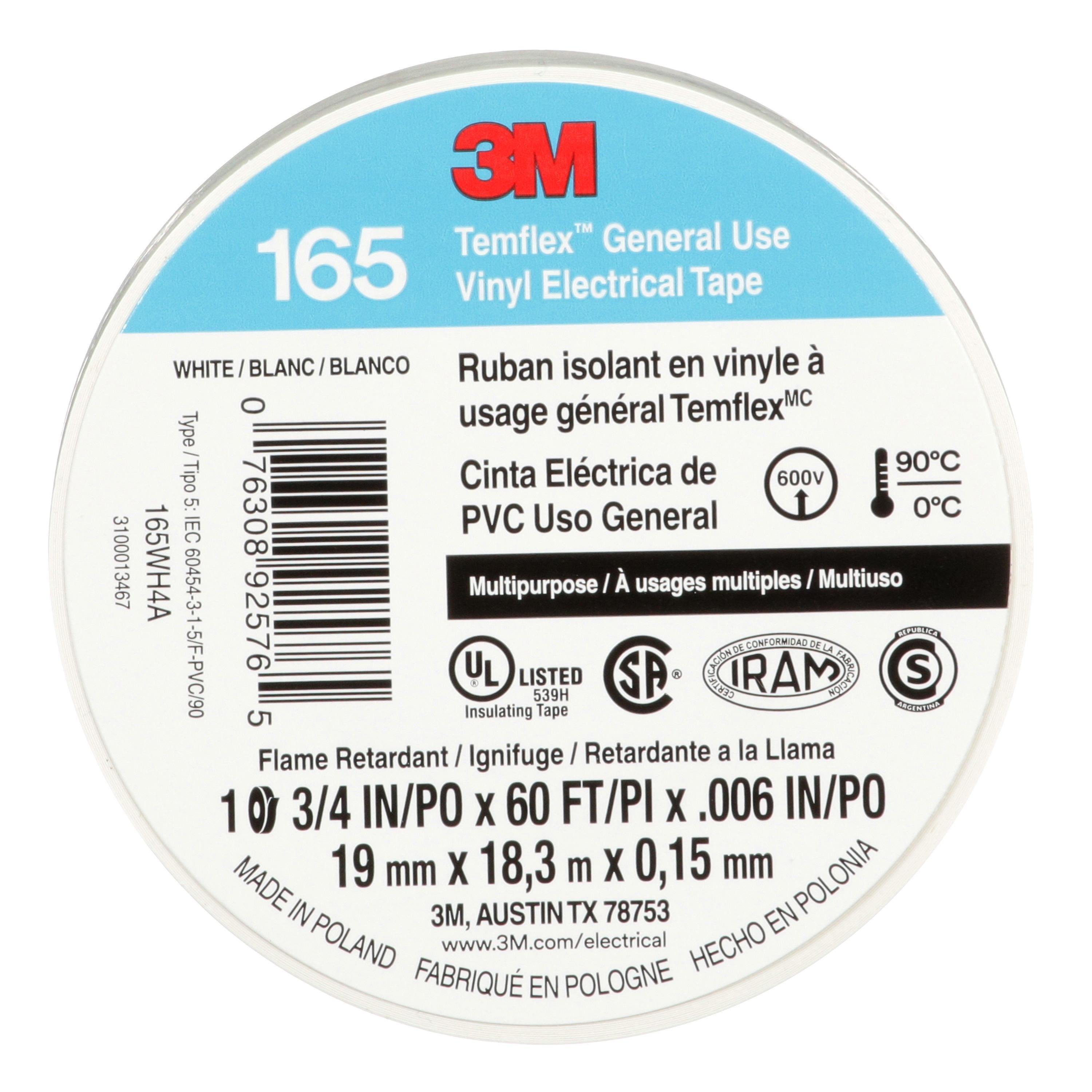 Picture of 7100169491 - 3M™ Temflex™ Vinyl Electrical Tape 165, White, 3/4 in x 60 ft (19 mm x 18 m), 6 mil, 100 Rolls/Case