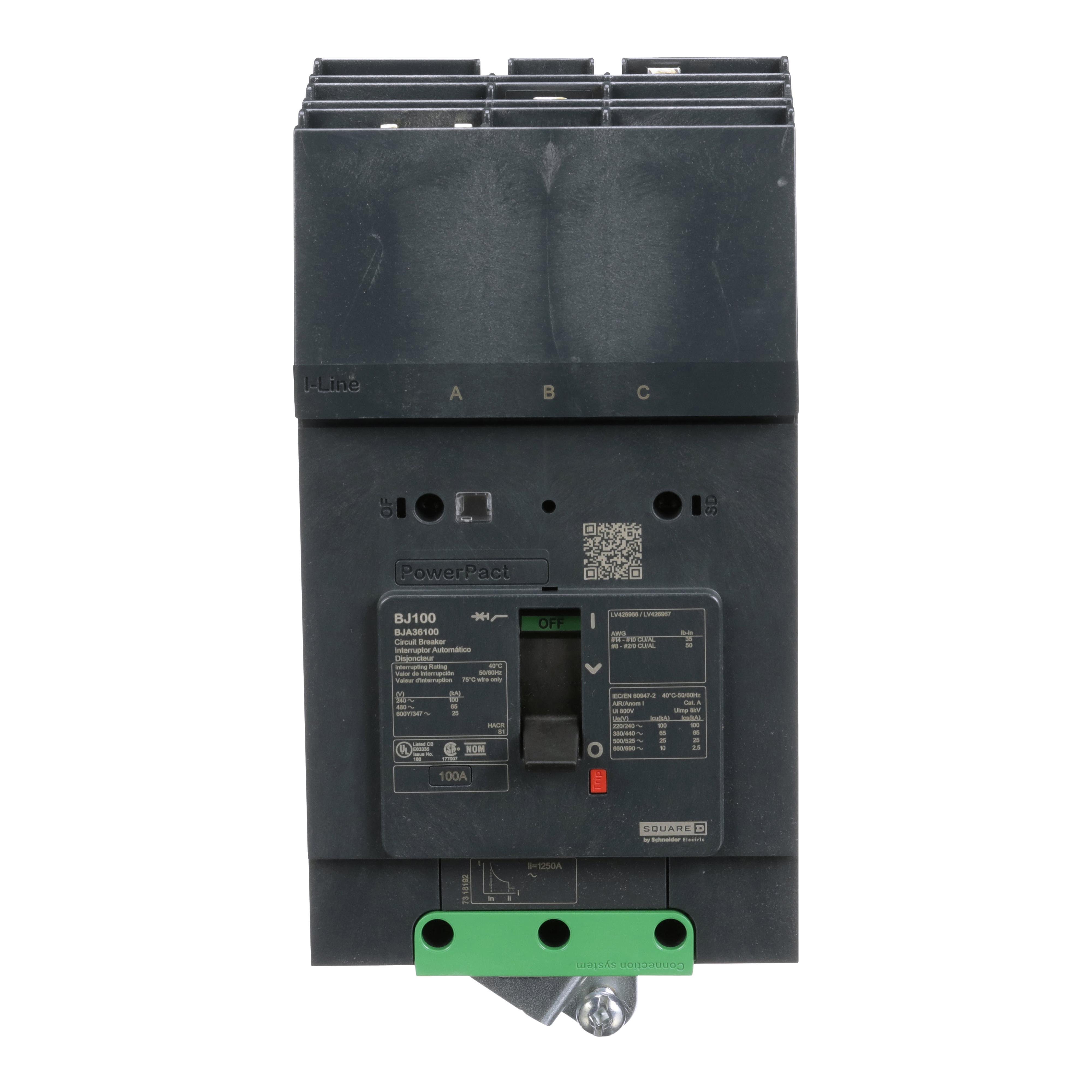 Picture of BJA36100 - Circuit breaker, PowerPacT B, 100A, 3 pole, 600Y/347VAC, 25kA, I-Line, thermal magnetic, 80%, ABC