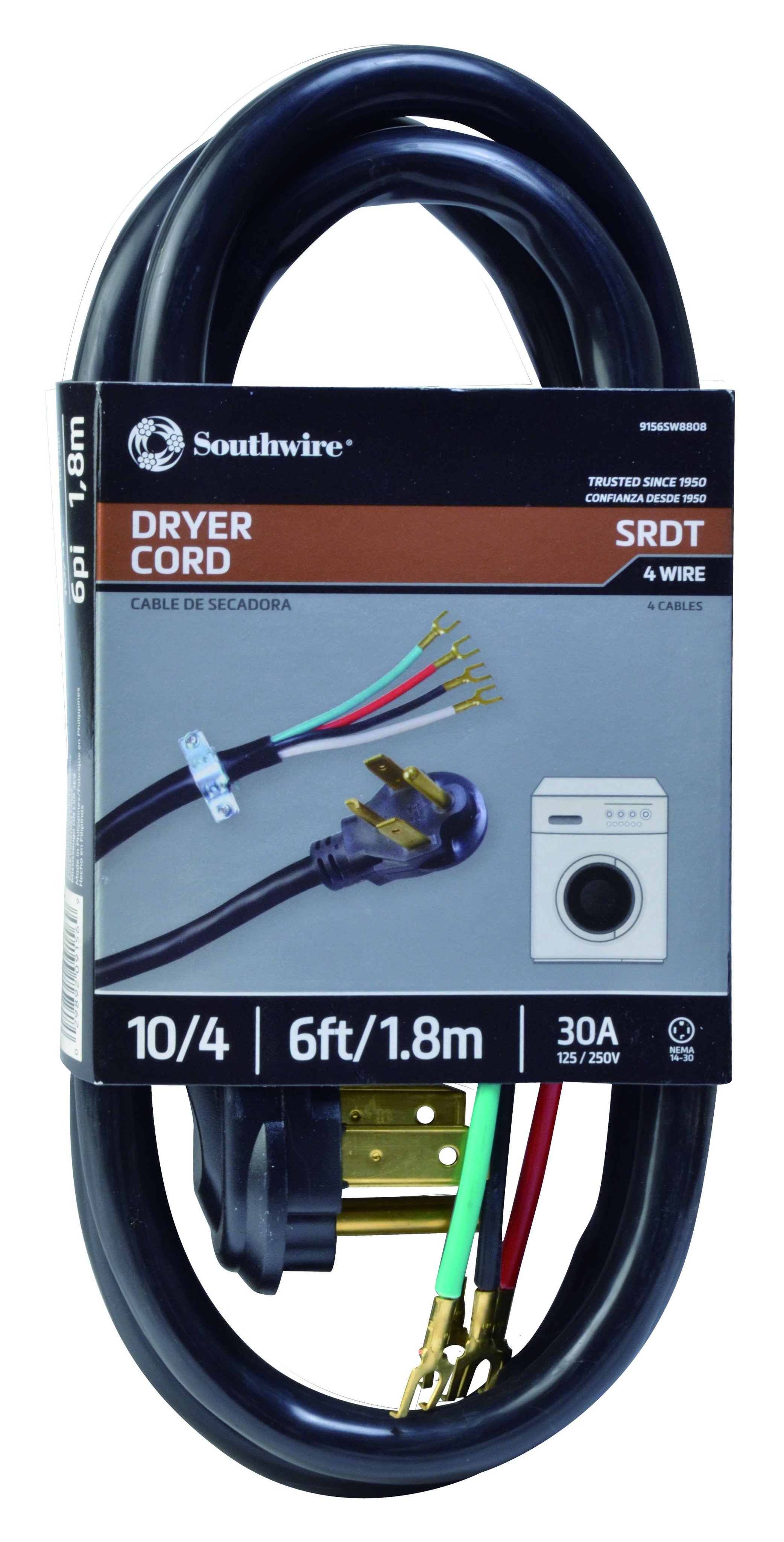 Picture of CCI09156 - 9156SW8808 - Replacement Cord 10/4 SRDT Round 6' Black 30 Amp NEMA 14-30P Dryer Cord