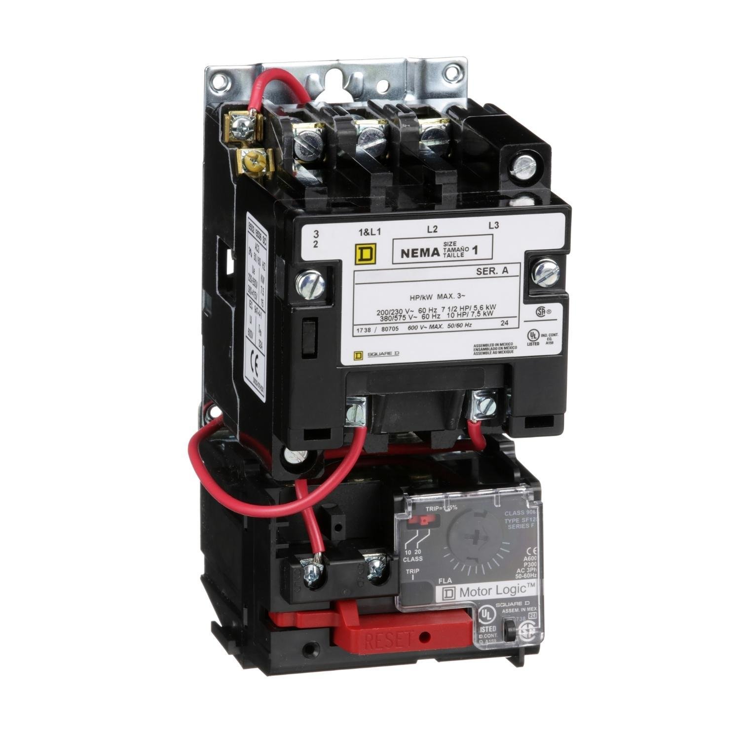 Picture of 8536SCO3V02H309S - NEMA motor starter, Type S, nonreversing, Size 1, 27A, 10HP at 460VAC, up to 100kA SCCR, 3 phase, 3 pole, Motor Logic, 120VAC coil, open [TAA]