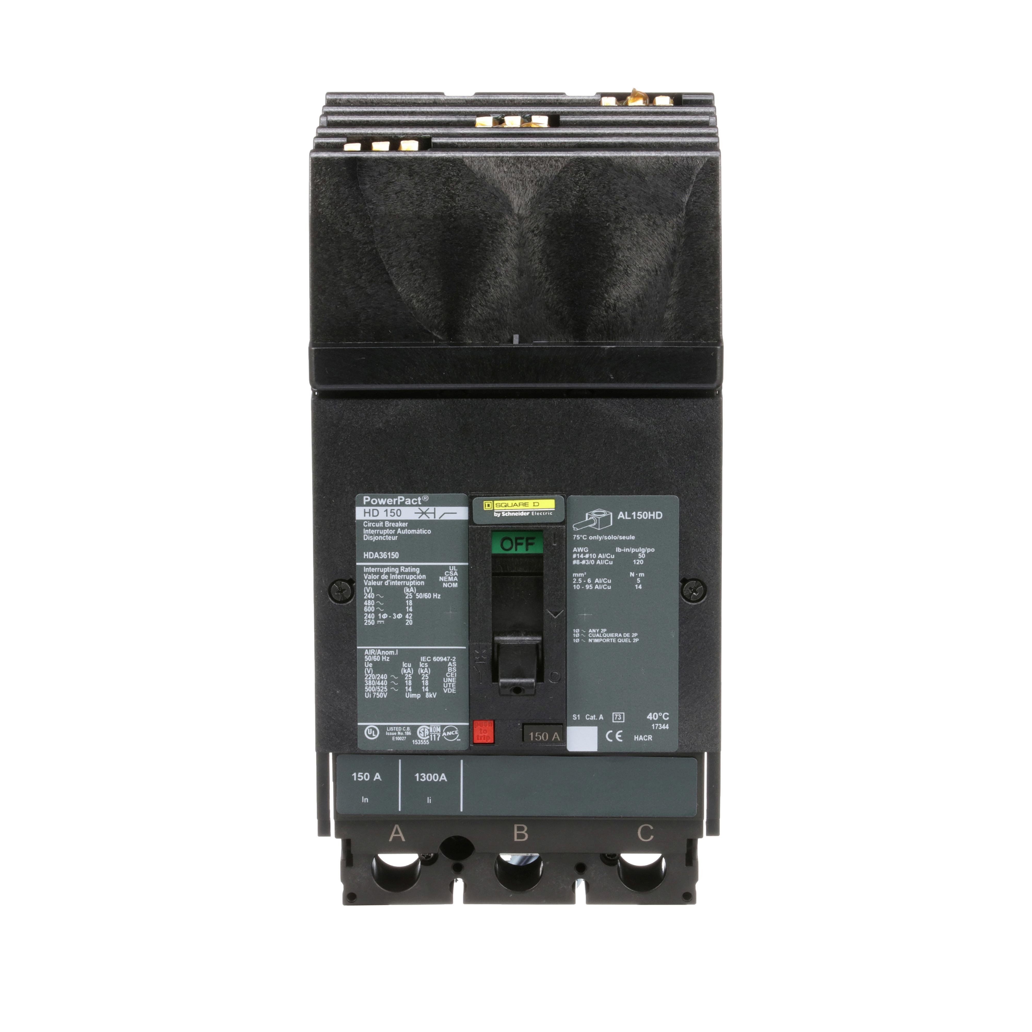 Picture of HDA36150 - Circuit breaker, PowerPacT H, 150A, 3 pole, 600VAC, 14kA, I-Line, thermal magnetic, 80%, ABC