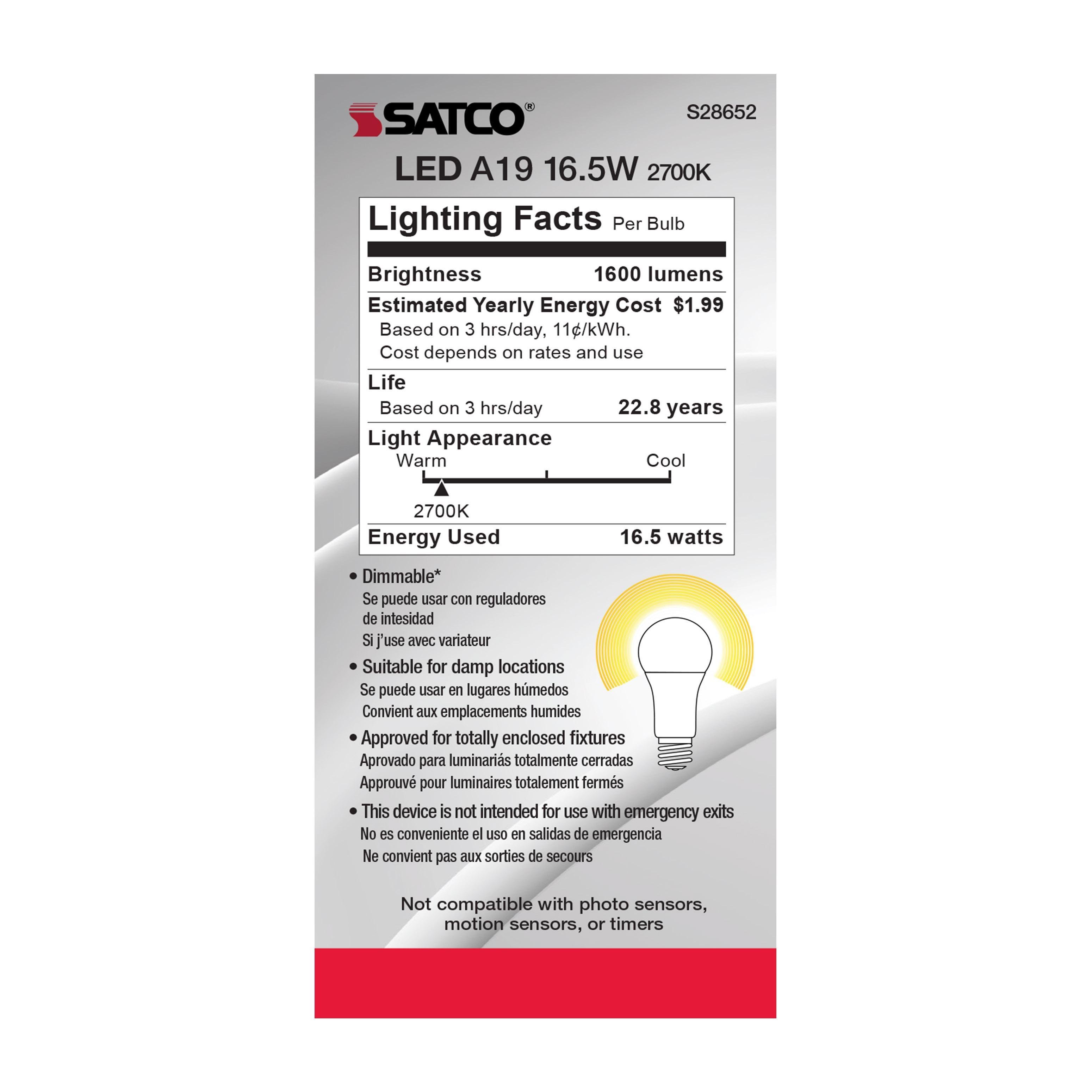 Picture of S28652 - 16.5 Watt - A19 LED - 90CRI - 2700K - Medium base - 220 deg. Beam Angle - 120 Volt - 1600 Lumens - CEC