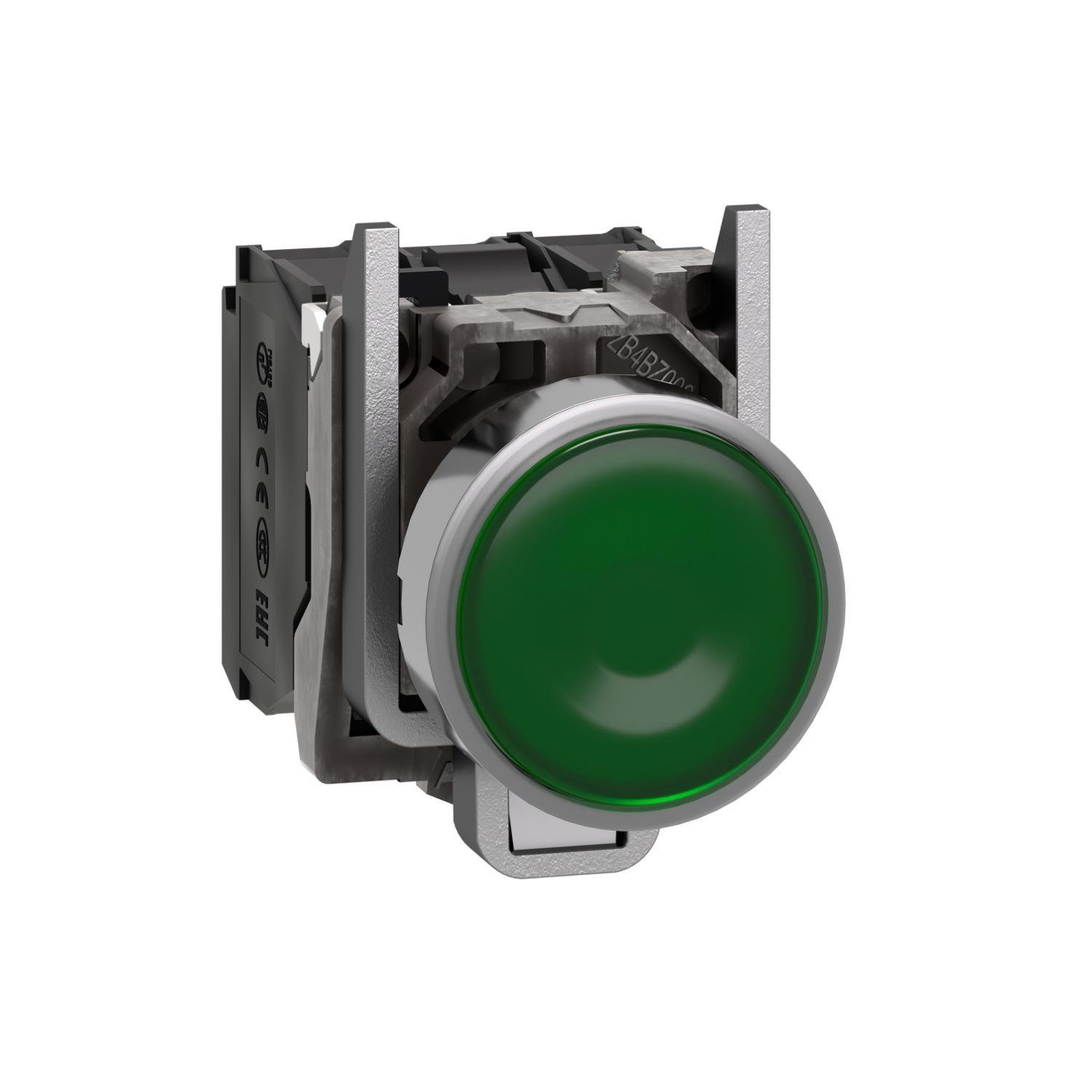 Picture of XB4BW33G5 - Illuminated push button, Harmony XB4, metal, green flush, 22mm, universal LED, plain lens, 1NO + 1NC, 110...120V AC
