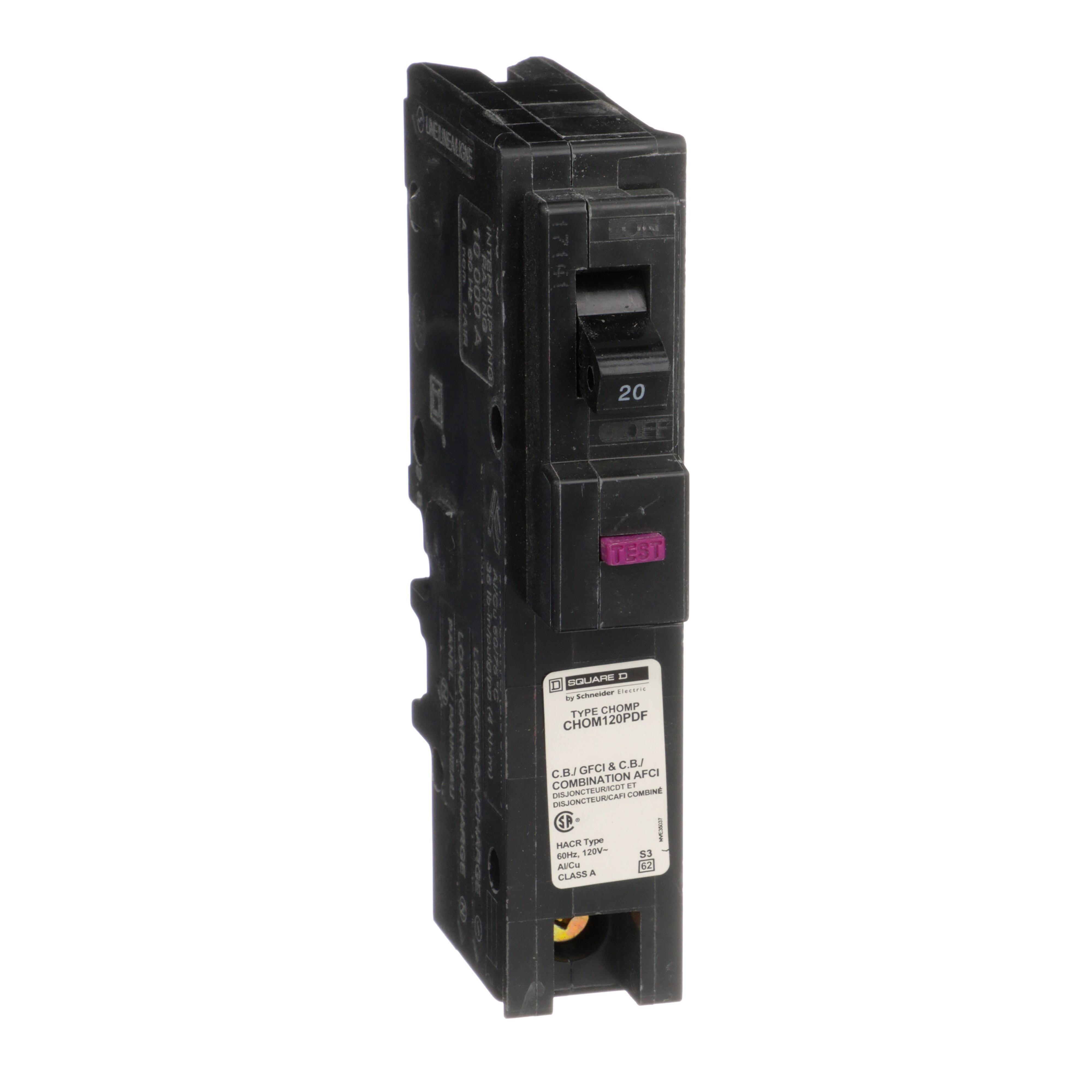 Picture of CHOM120PDF - Mini circuit breaker, Homeline Canadian, 20A, 1 pole, 120VAC, 10kA AIR, combo ARC/ground fault, plug on neutral, plug in, UL [TAA]