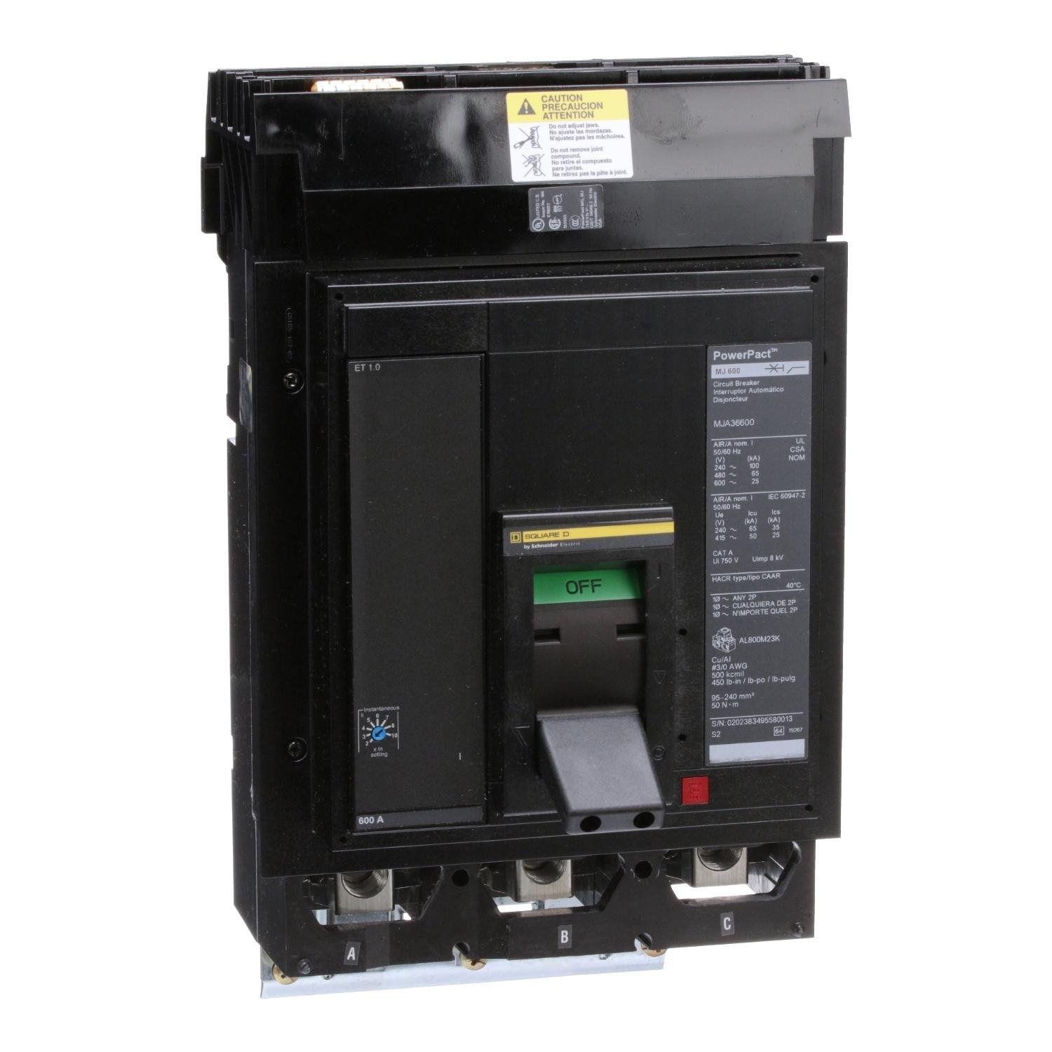 Picture of MJA36600 - Circuit breaker, PowerPacT M, 600A, 3 pole, 600VAC, 25kA, I-Line, ET 1.0, 80%, ABC