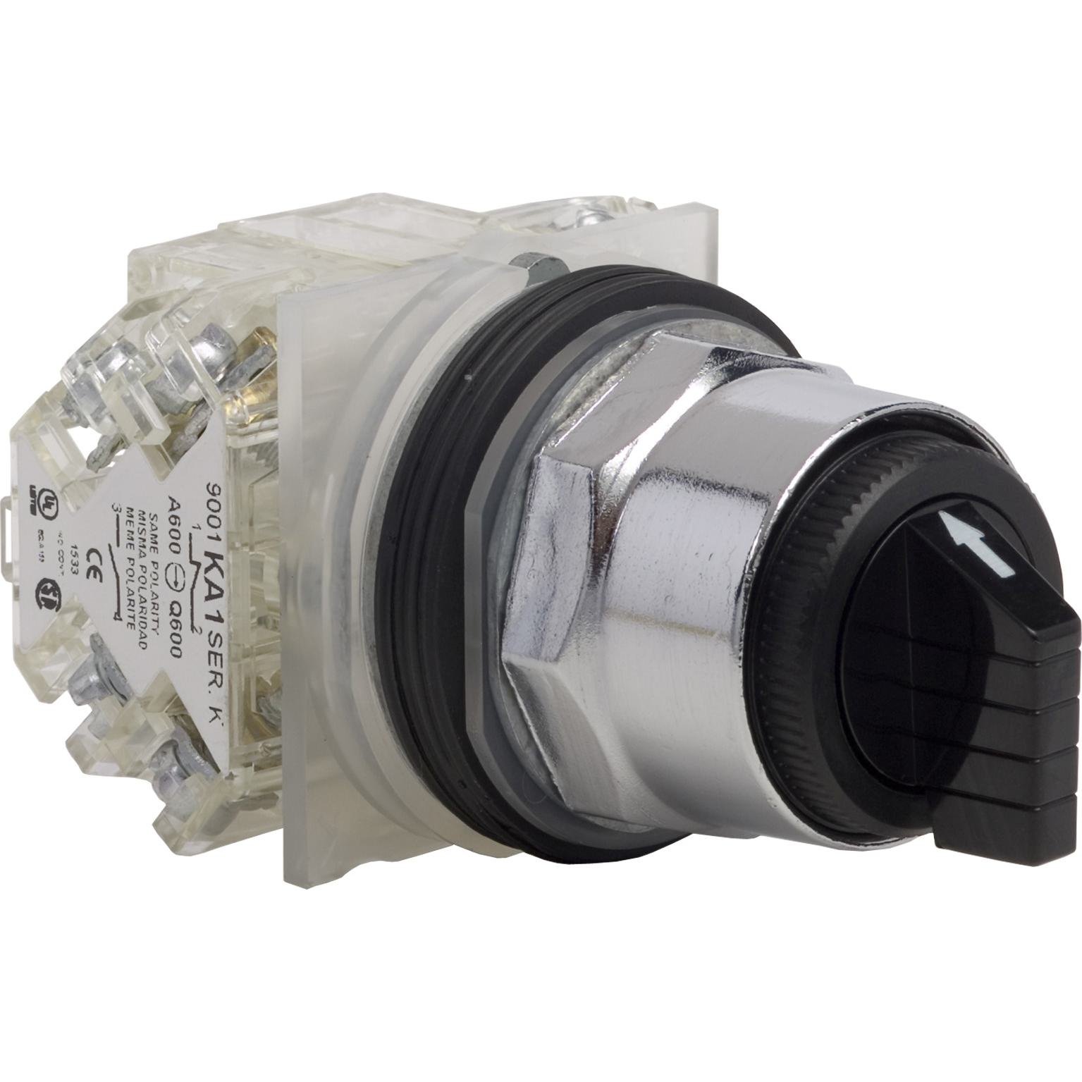 9001KS53BH2 - Selector switch, Harmony 9001K, metal, standard handle, black, 30mm, 3 positions, return both sides to center, 2 C/O