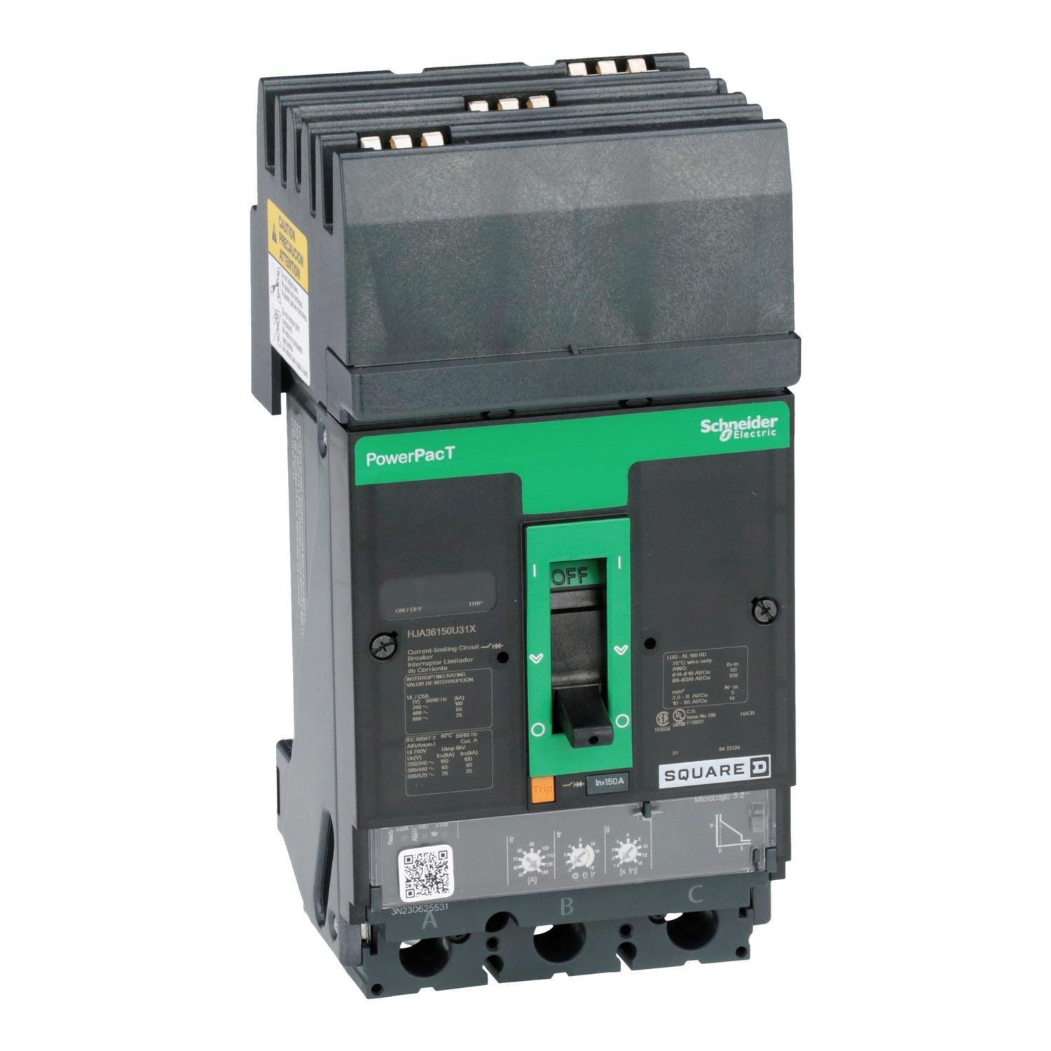 Picture of HJA36150U31X - Circuit breaker, PowerPacT H, 150A, 3 pole, 600VAC, 25kA, I-Line, Micrologic 3.2, 80%, ABC