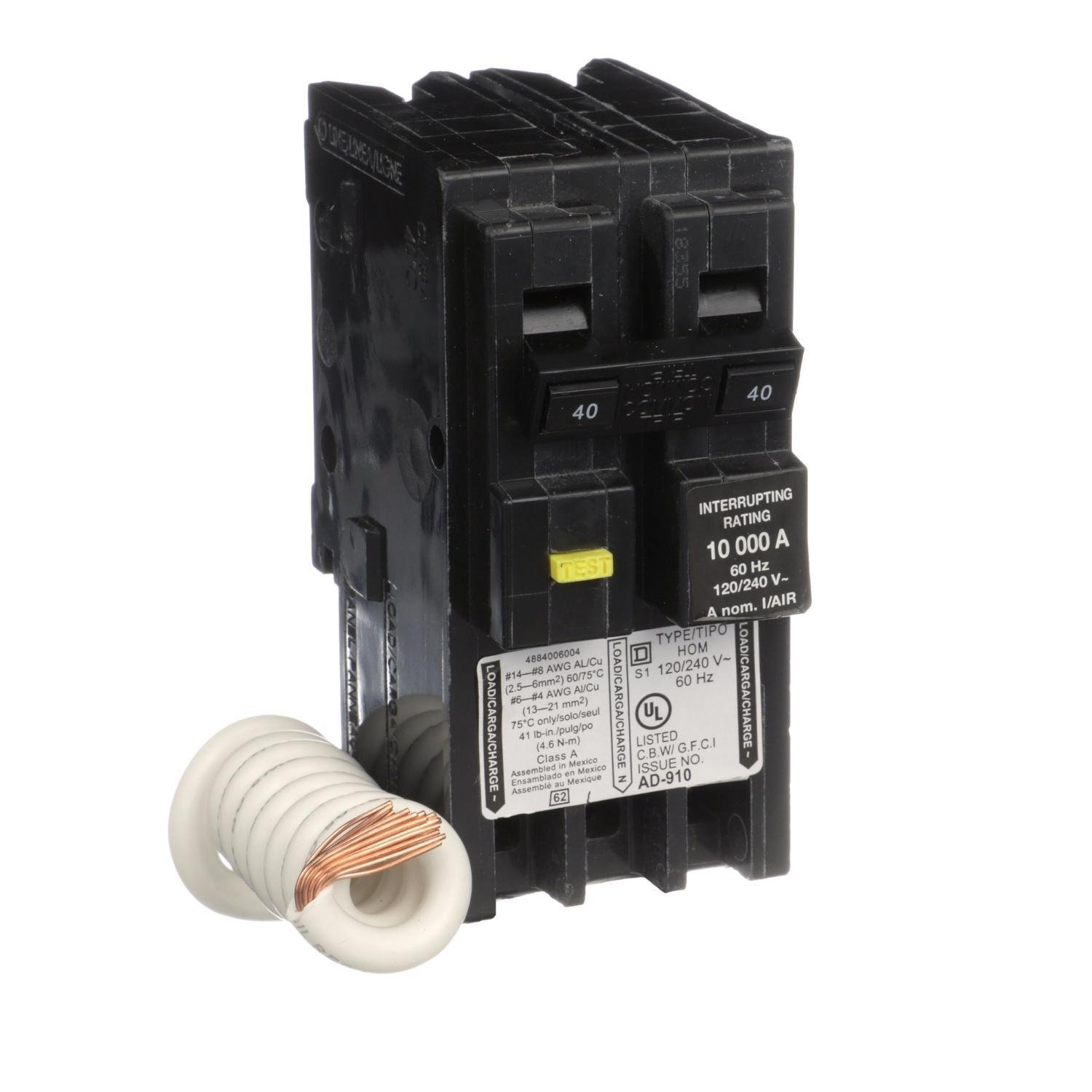 Picture of HOM240GFIC - Mini circuit breaker, Homeline, 40A, 2 pole, 120/240 VAC, 10 kA AIR, ground fault class A, plug in, UL [TAA]