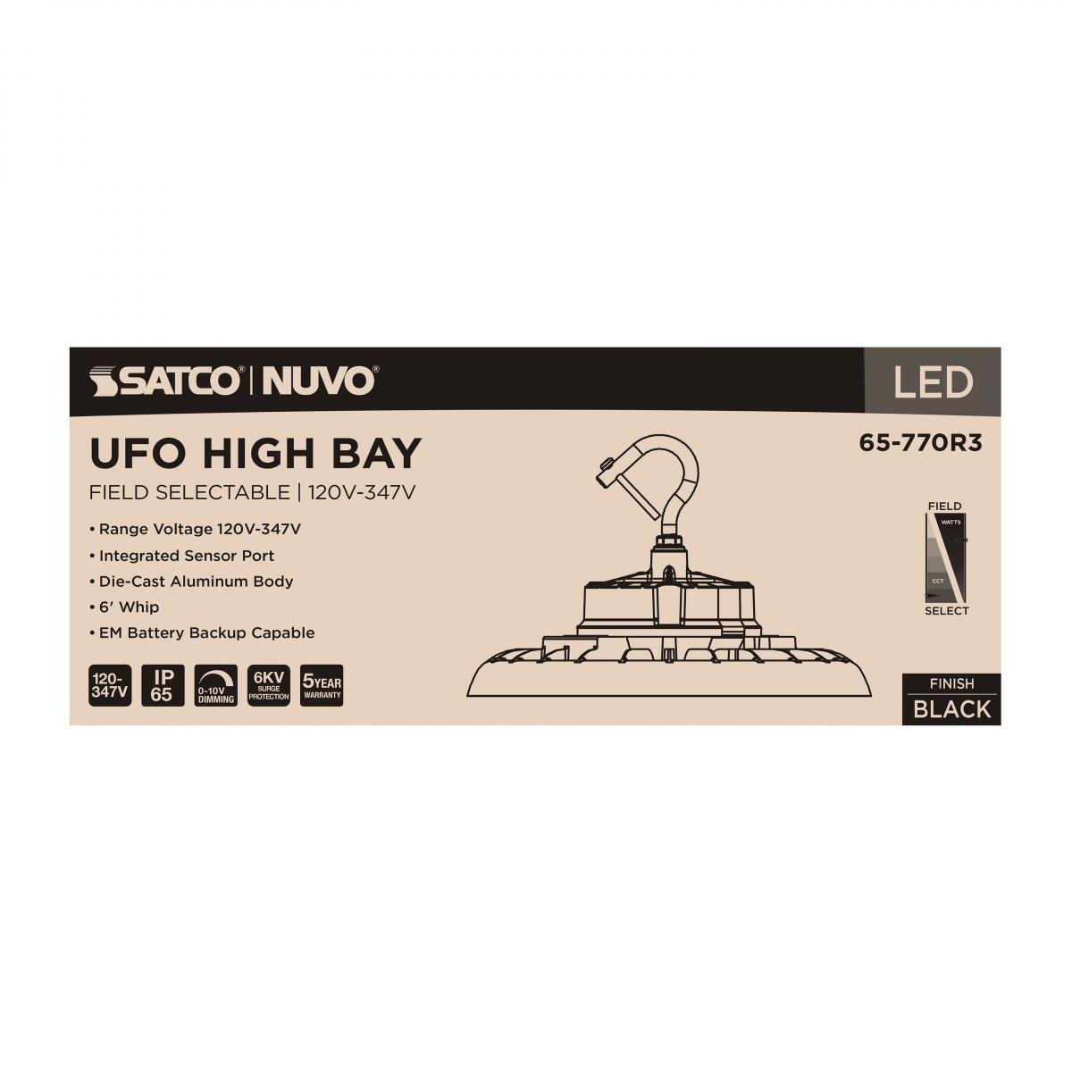 Picture of 65/770R3 - Wattage 80W/100W/120W and CCT Selectable 3K/4K/5K LED UFO High Bay - 120-347 Volt - Black Finish