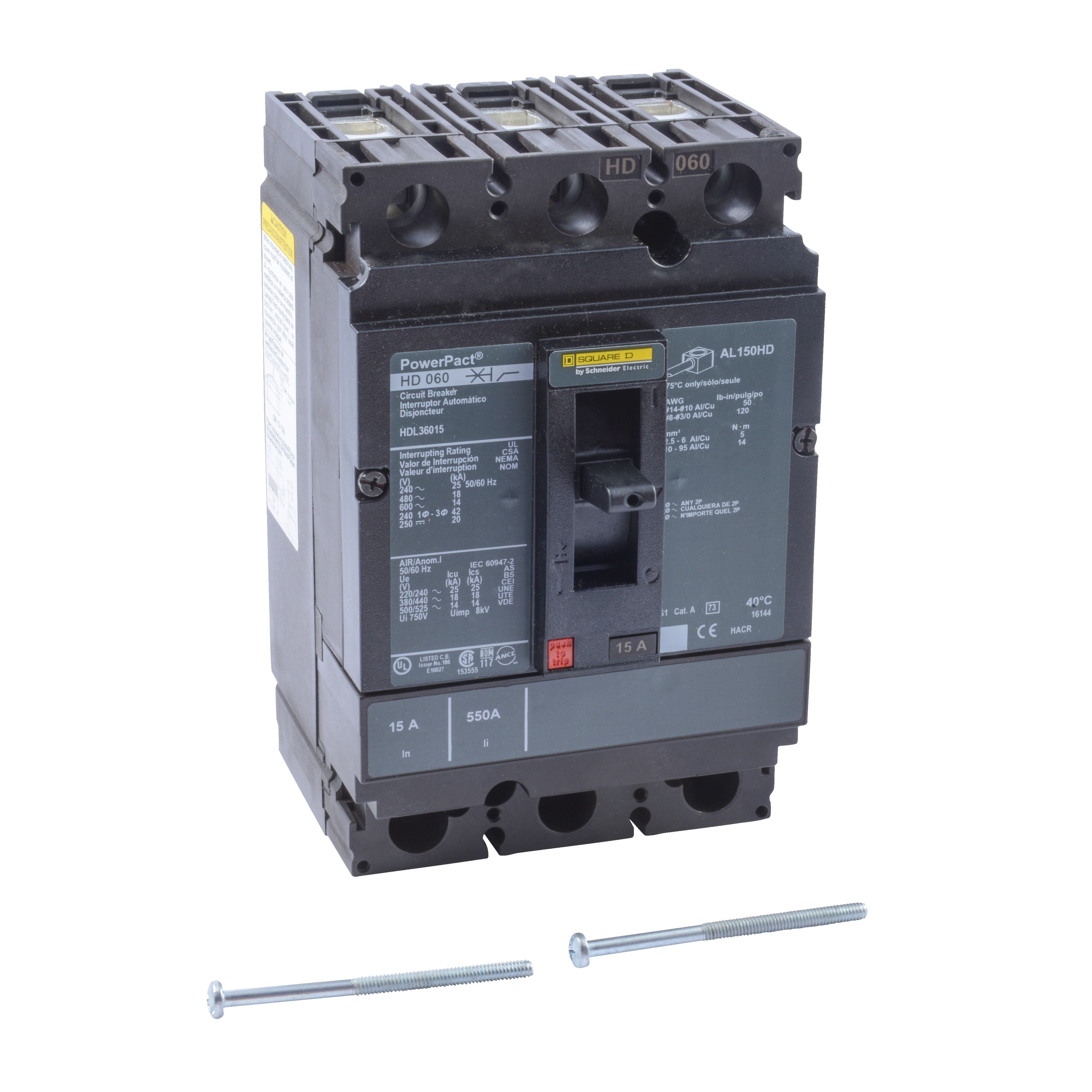 HDL36015 - Circuit breaker, PowerPacT H, 15A, 3 pole, 600VAC, 14kA, lugs, thermal magnetic, 80%
