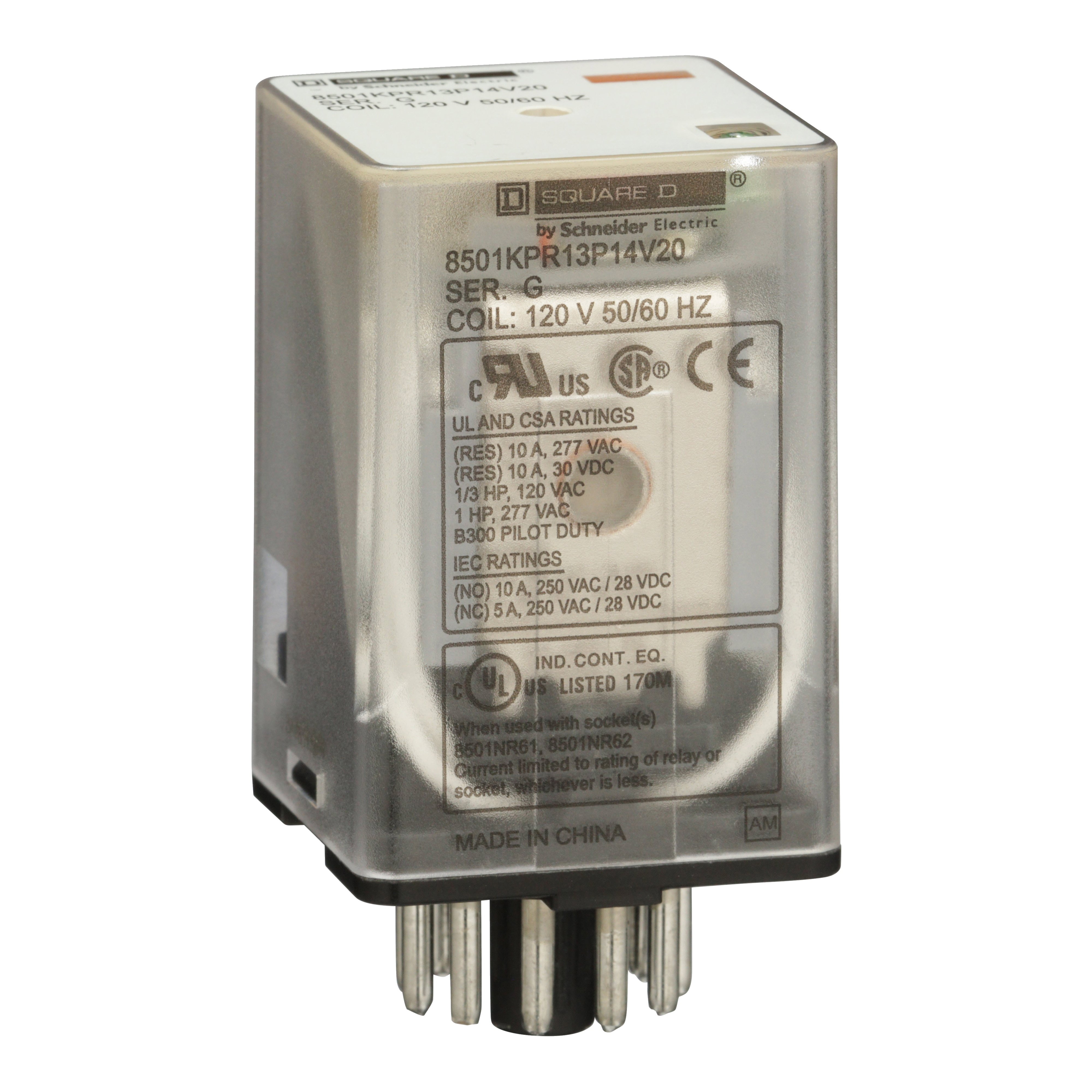 8501KPR13P14V20 - Plug in relay, Type KP, tubular, 1 HP at 277 VAC, 10A resistive at 120 VAC, 11 pin, 3PDT, 3 NO, 3 NC, 120 VAC coil