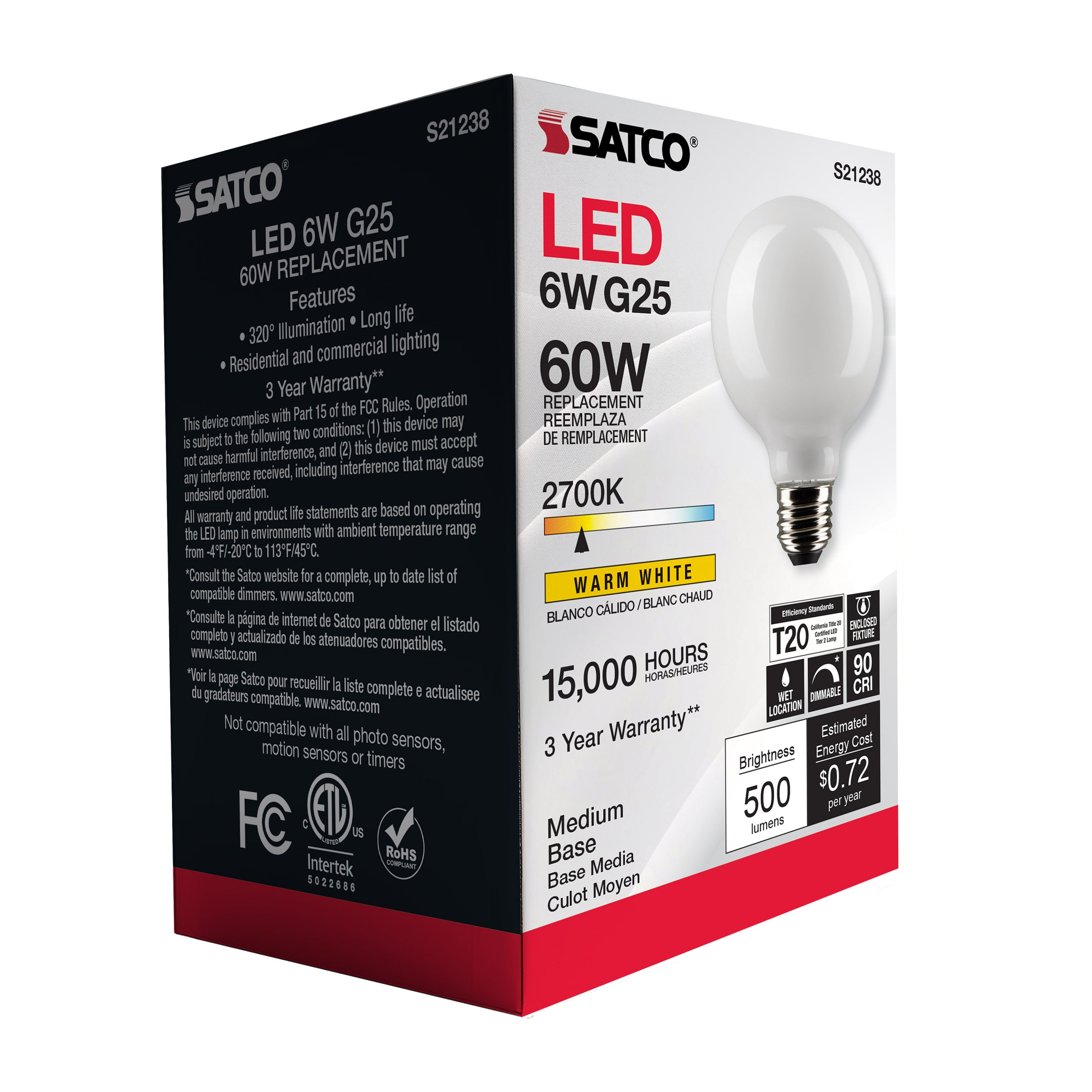 Picture of S21238 - 6 Watt G25 LED - White - Medium base - 90 CRI - 2700K - 120 Volt