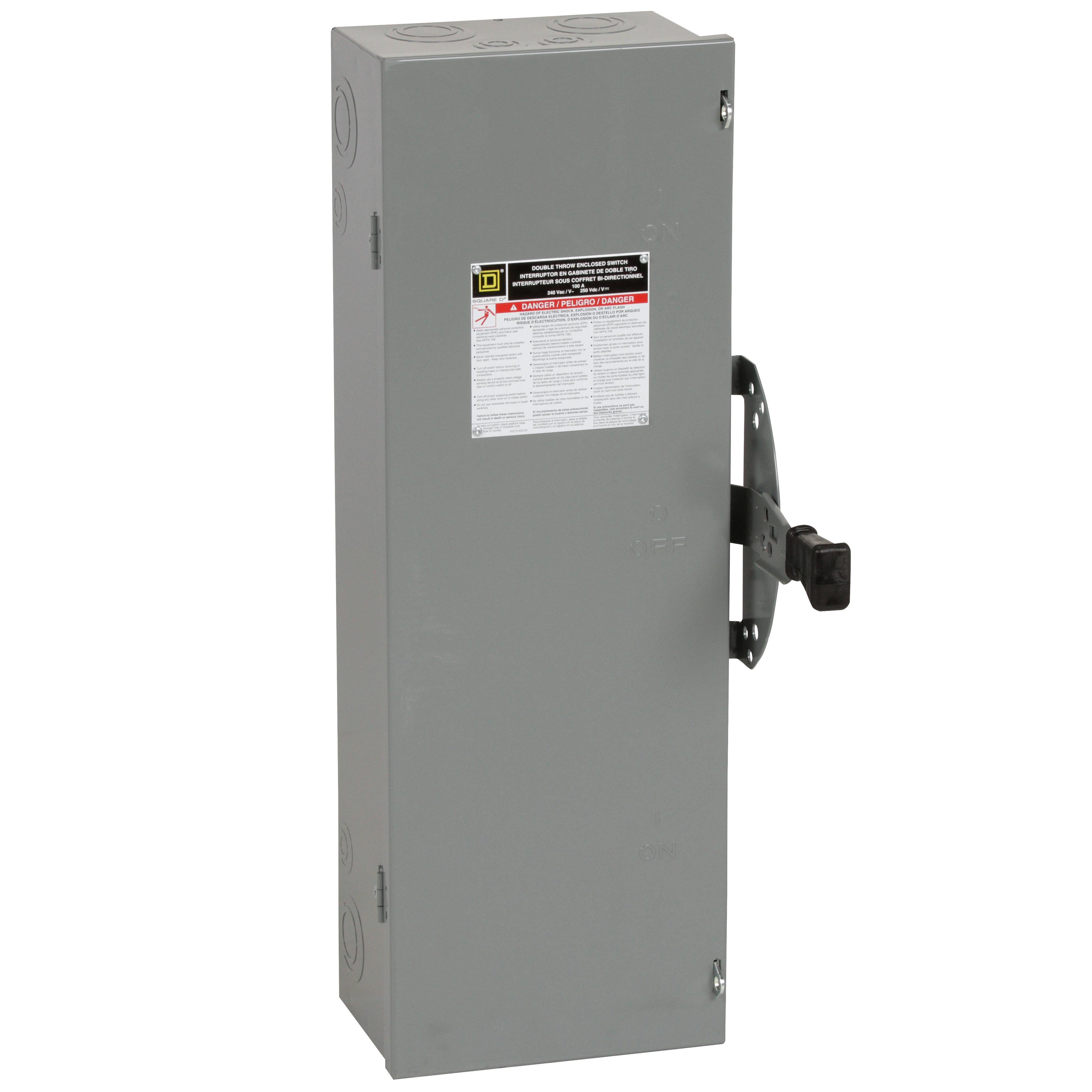 DTU323 - Safety switch, double throw, non fusible, 3 pole, 3 wire, 240VAC, 250VDC, 100A, Type 1