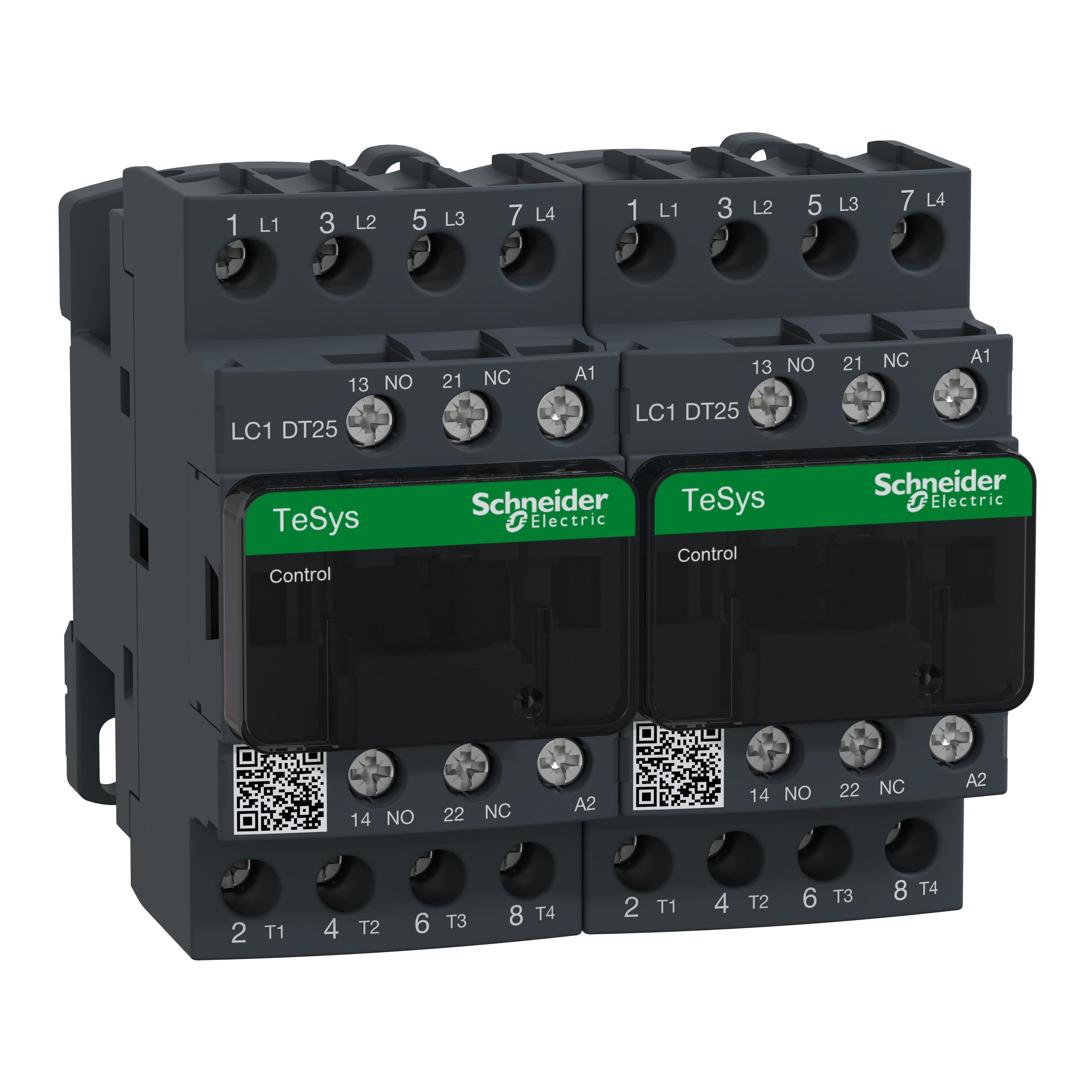 LC2DT25G7 - IEC contactor, TeSys Deca, reversing, 25A resistive, 4 pole, 4 NO, 120VAC 50/60Hz coil, open style
