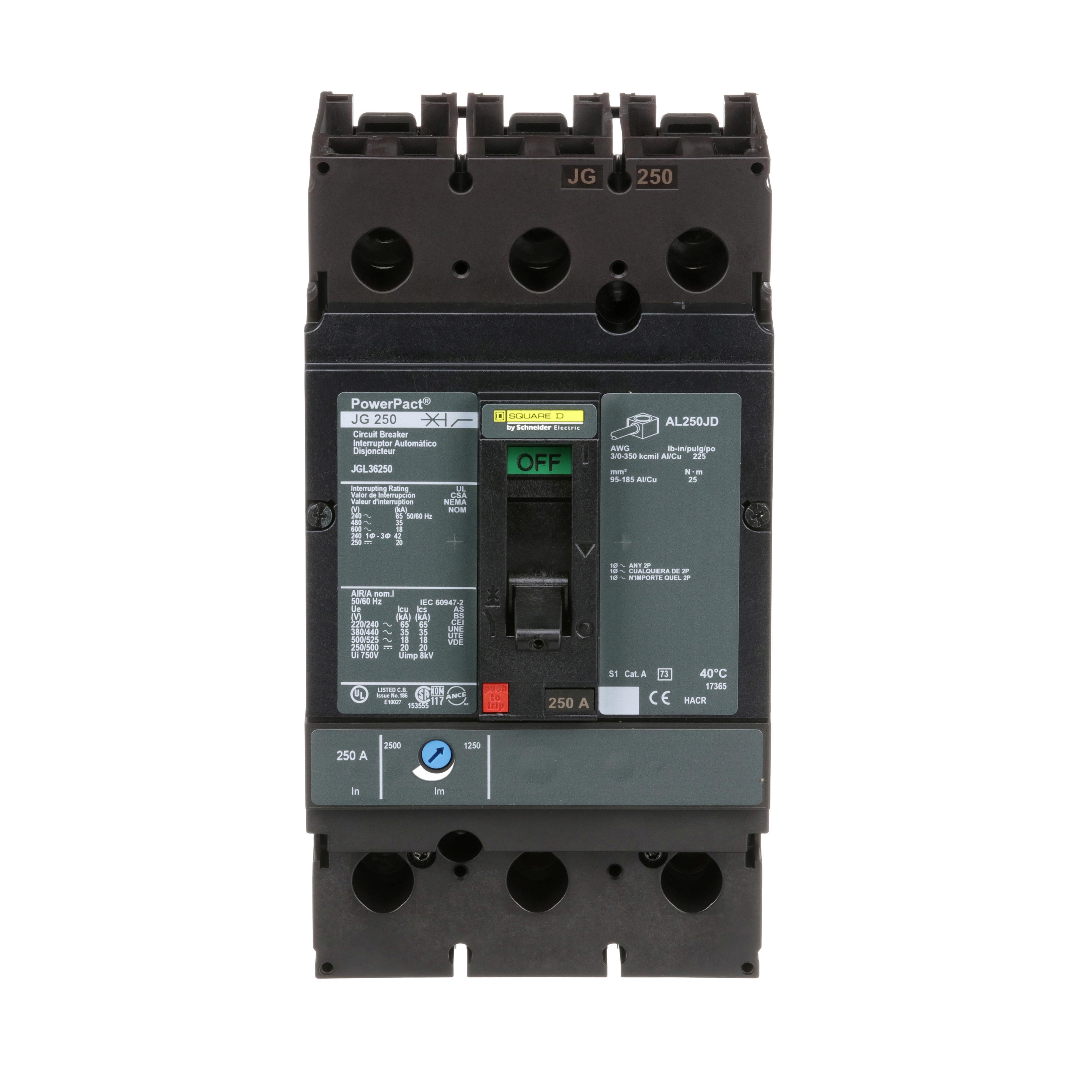 Picture of JGL36250 - Circuit breaker, PowerPacT J, 250A, 3 pole, 600VAC, 18kA, lugs, thermal magnetic, 80%