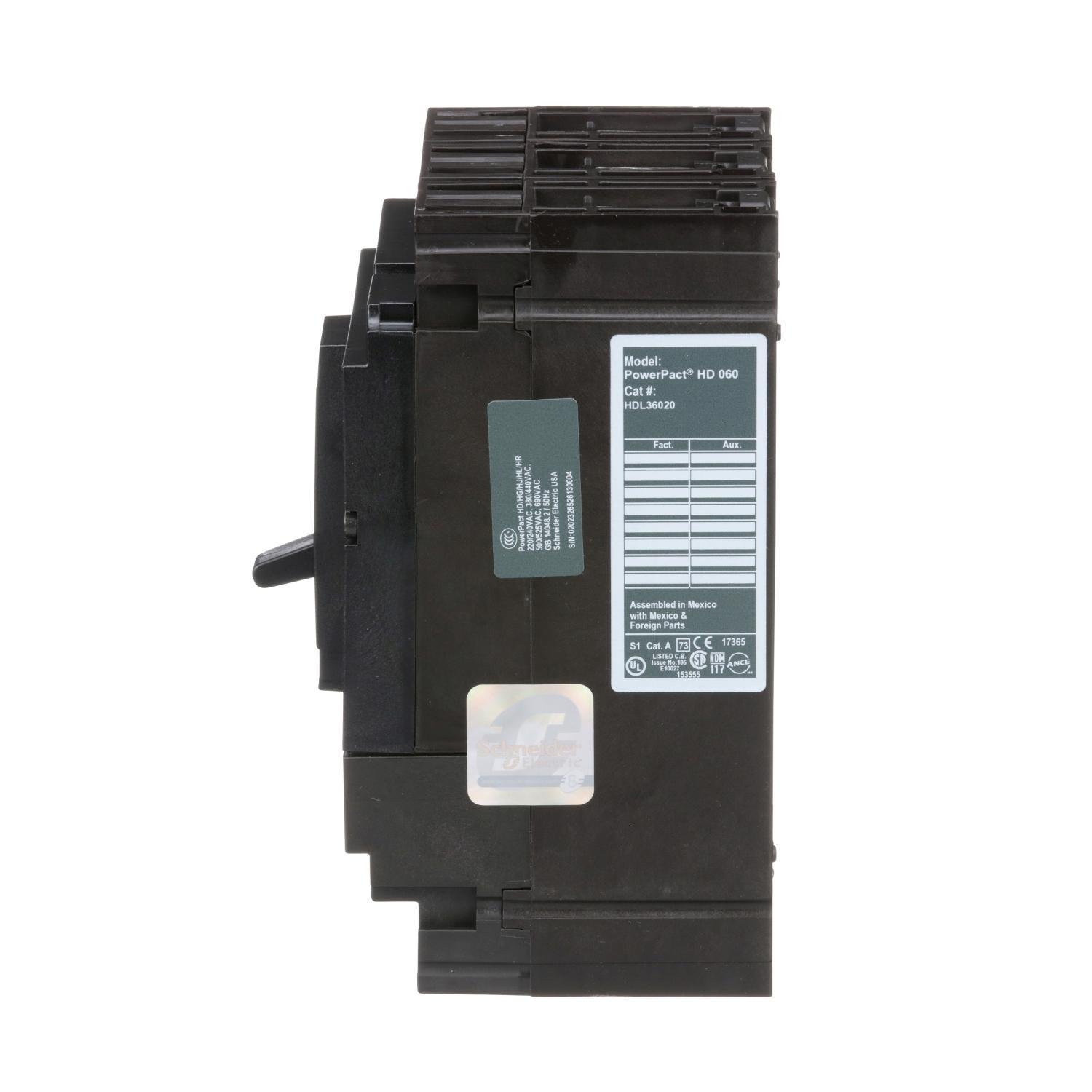 Picture of HDL36020 - Circuit breaker, PowerPacT H, 20A, 3 pole, 600VAC, 14kA, lugs, thermal magnetic, 80%