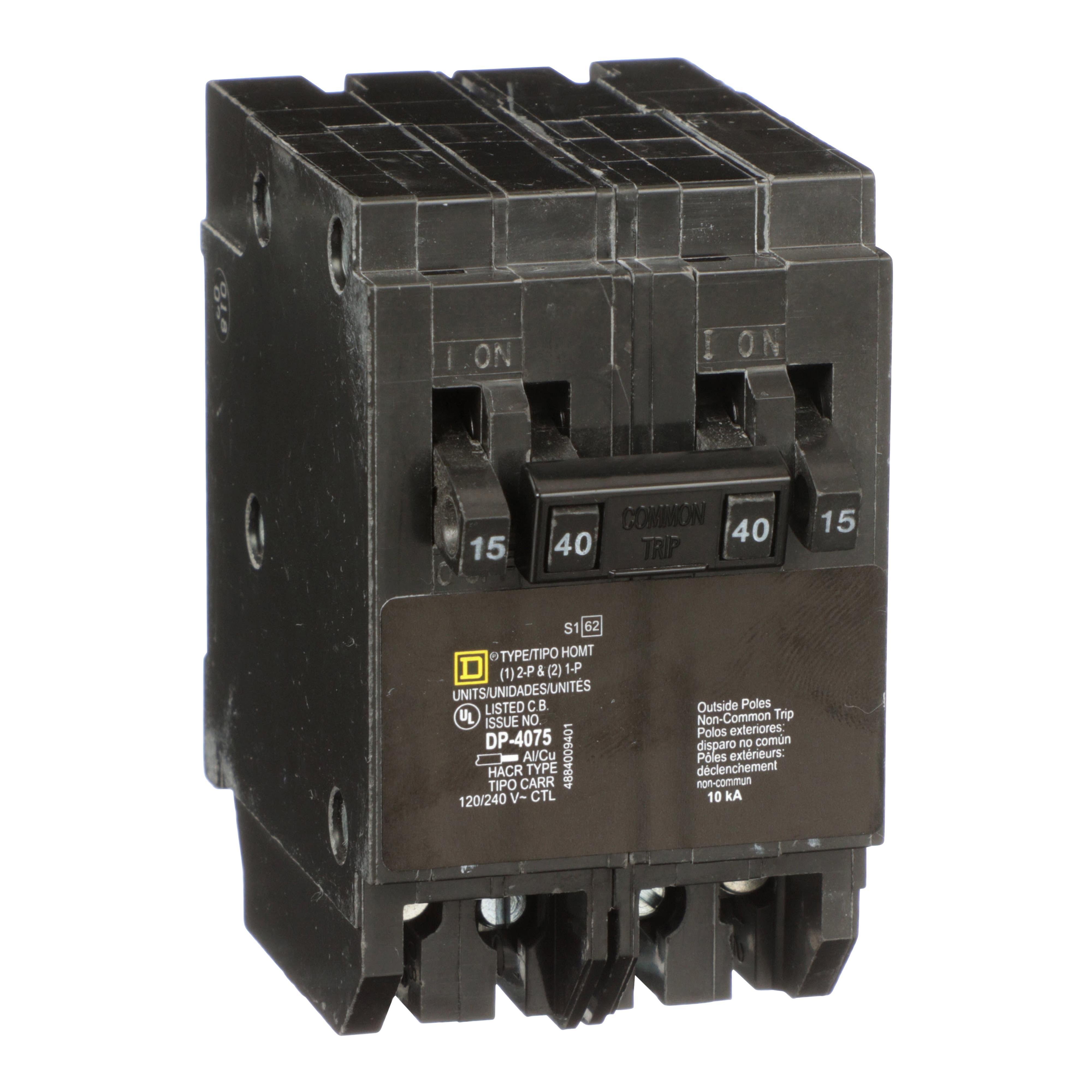 HOMT1515240 - Tandem circuit breaker, Homeline, 2 x 1 pole at 15A, 1 x 2 pole at 40A, 120/240VAC, 10kA AIR, plug in, UL