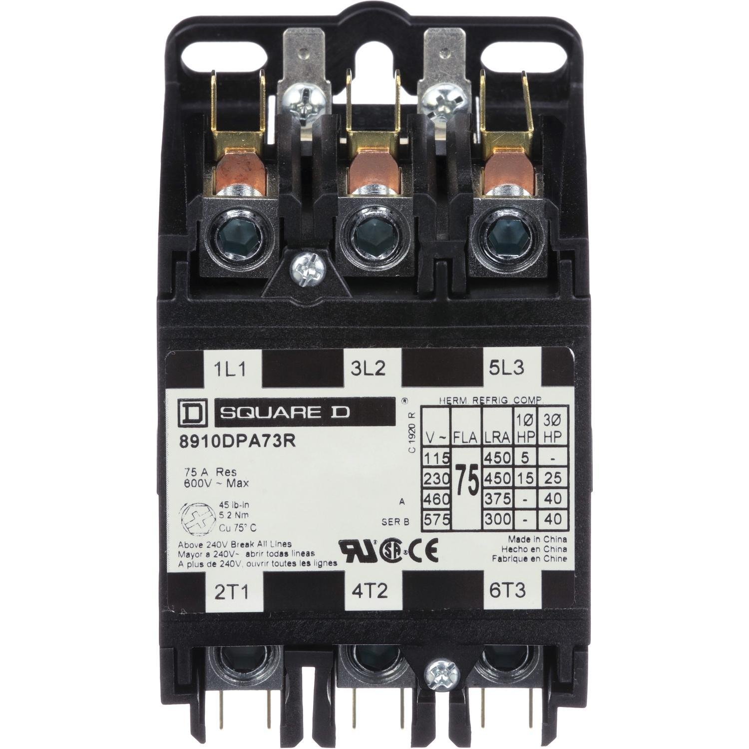 8910DPA73RV14 - Contactor, Definite Purpose, 75A, 3 pole, 40 HP at 575 VAC, 3 phase, 24/24 VAC 50/60 Hz coil, open