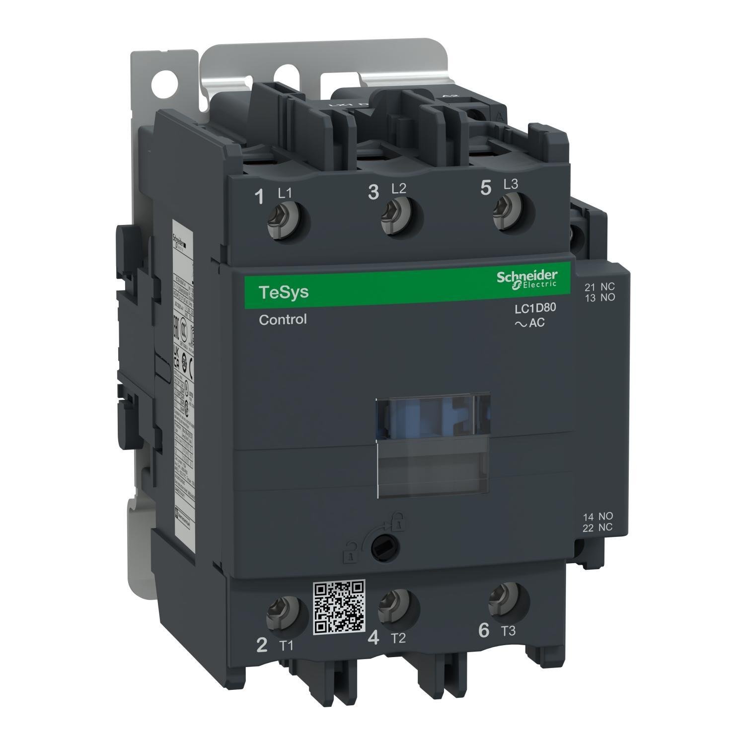 LC1D80G6 - IEC contactor, TeSys Deca, nonreversing, 80A, 60HP at 480VAC, up to 100kA SCCR, 3 phase, 3 NO, 120VAC 60Hz coil, open style