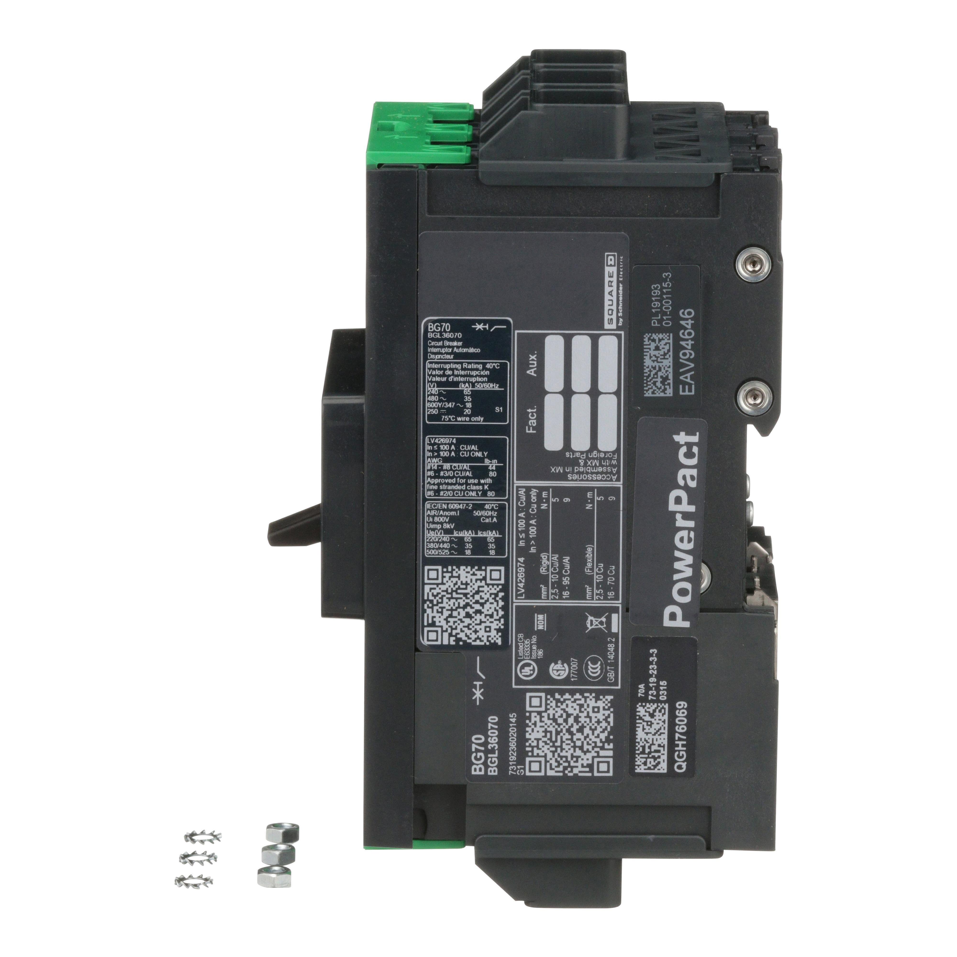 Picture of BGL36070 - Circuit breaker, PowerPacT B, 70A, 3 pole, 600Y/347VAC, 18kA, lugs, thermal magnetic, 80%