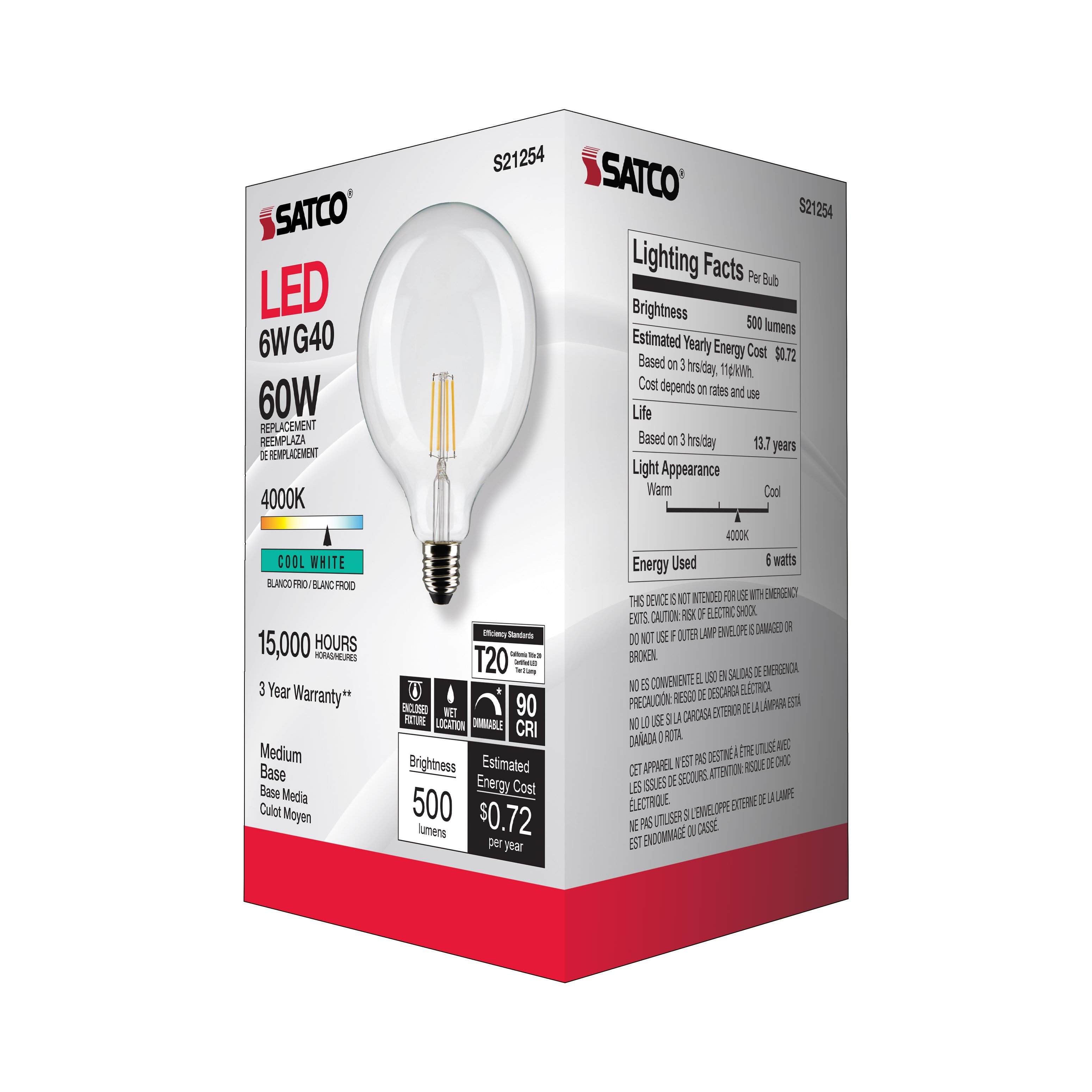 Picture of S21254 - 6 Watt G40 LED - Clear - Medium base - 90 CRI - 4000K - 120 Volt