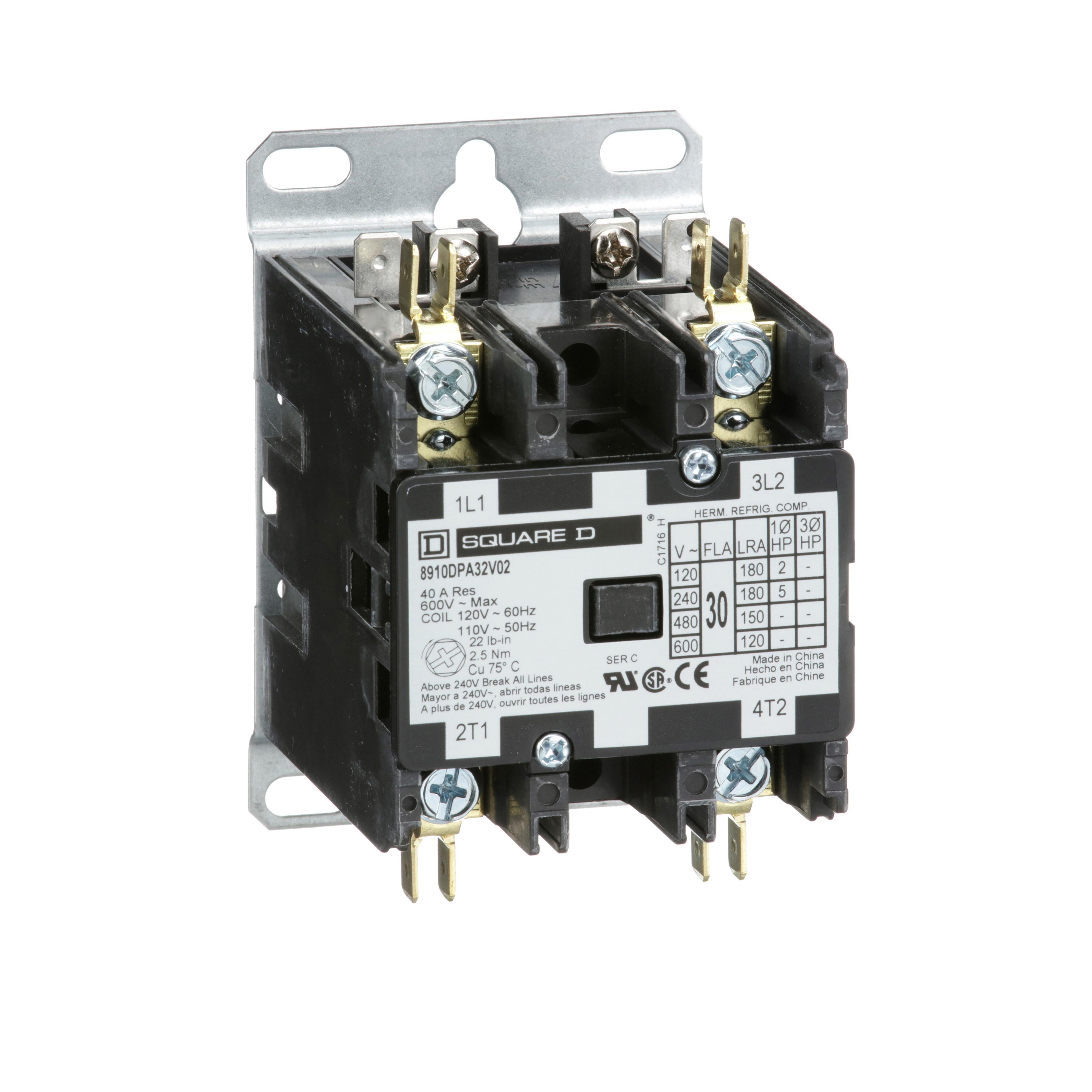 Picture of 8910DPA32V02 - Contactor, Definite Purpose, 30A, 2 pole, 5HP at 230VAC, 1 phase, 110/120VAC coil at 50/60Hz, open